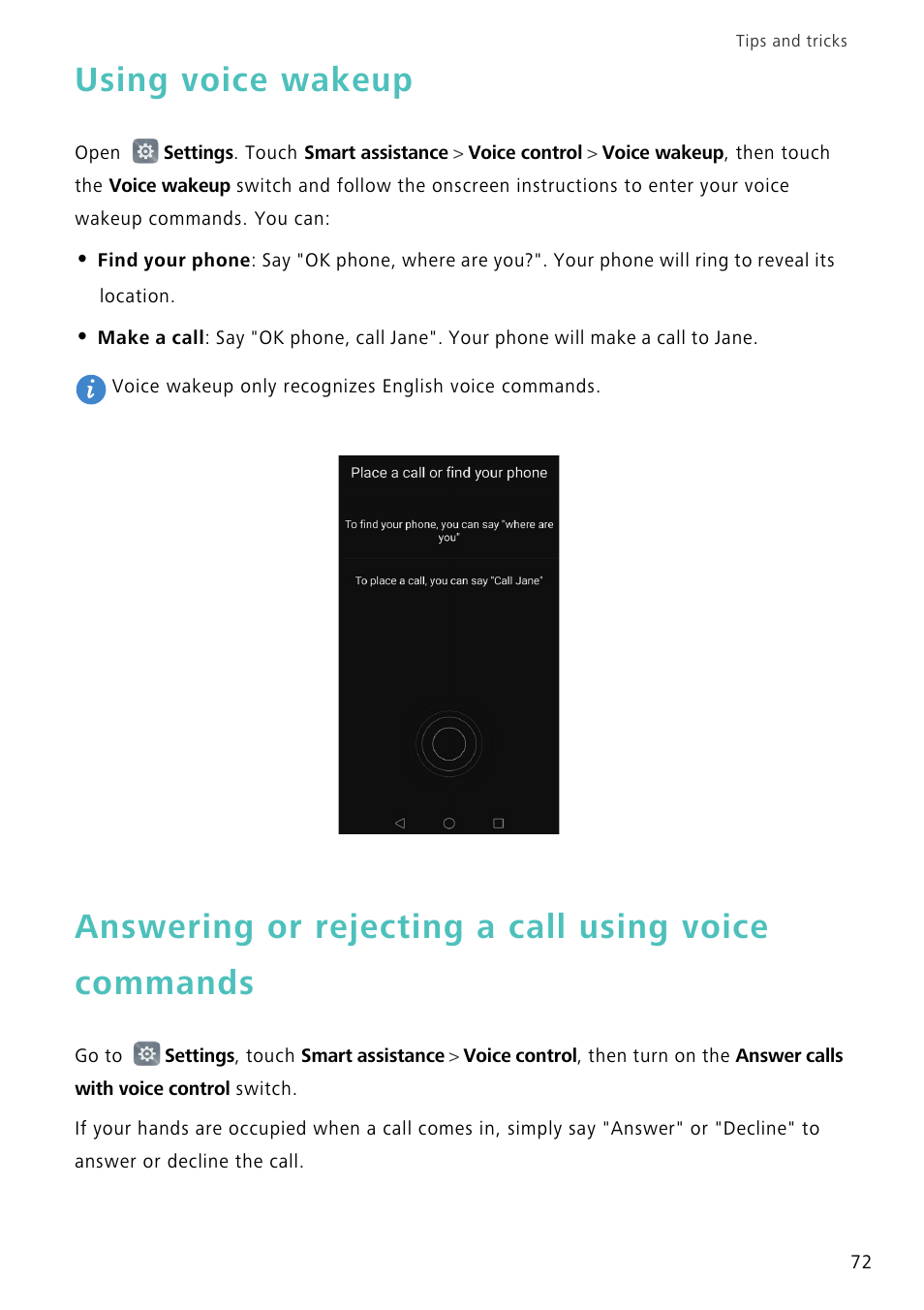 Using voice wakeup, Answering or rejecting a call using voice commands | Huawei Mate 8 User Manual | Page 79 / 218