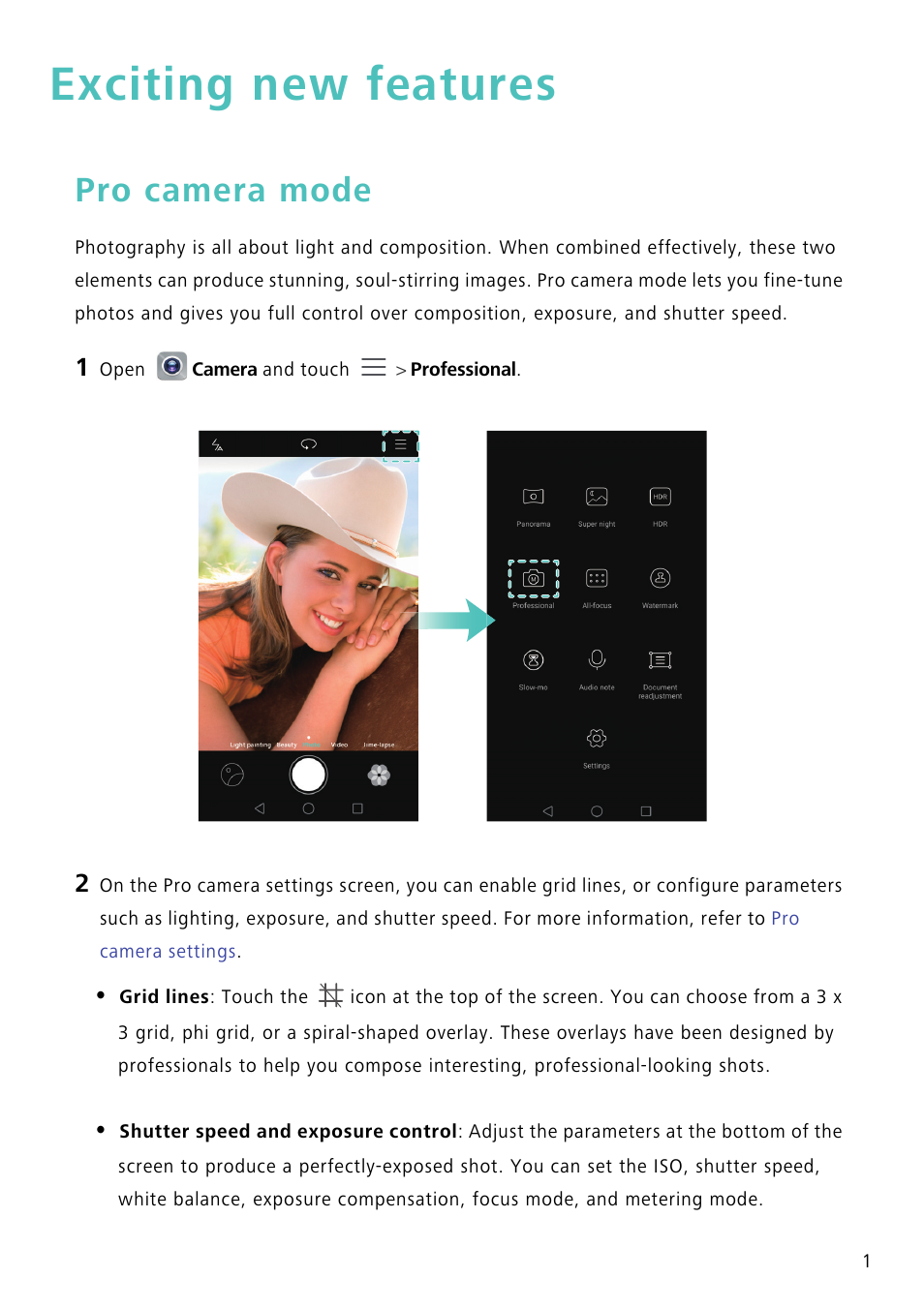 Exciting new features, Pro camera mode | Huawei Mate 8 User Manual | Page 8 / 218