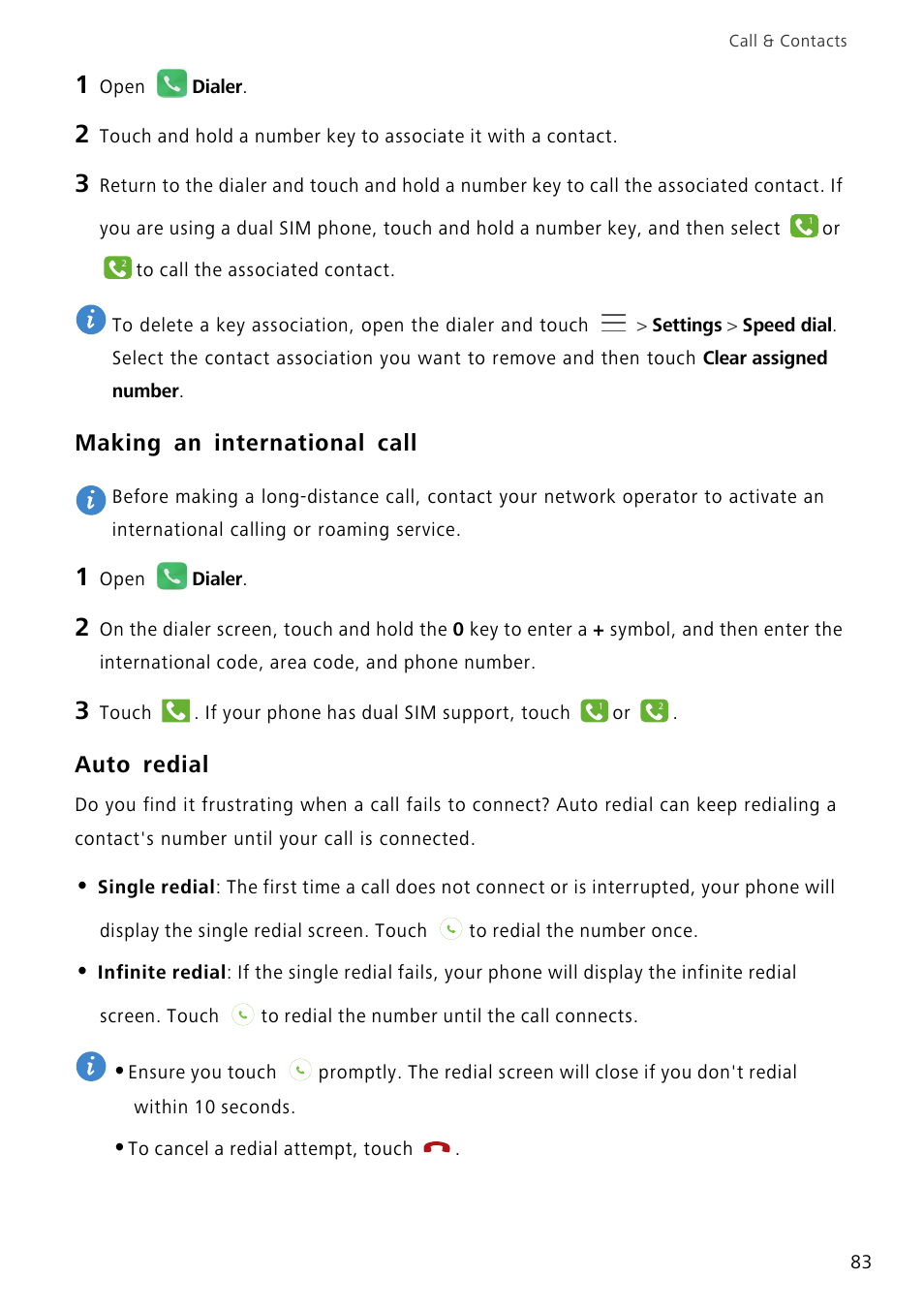 Making an international call, Auto redial | Huawei Mate 8 User Manual | Page 90 / 218