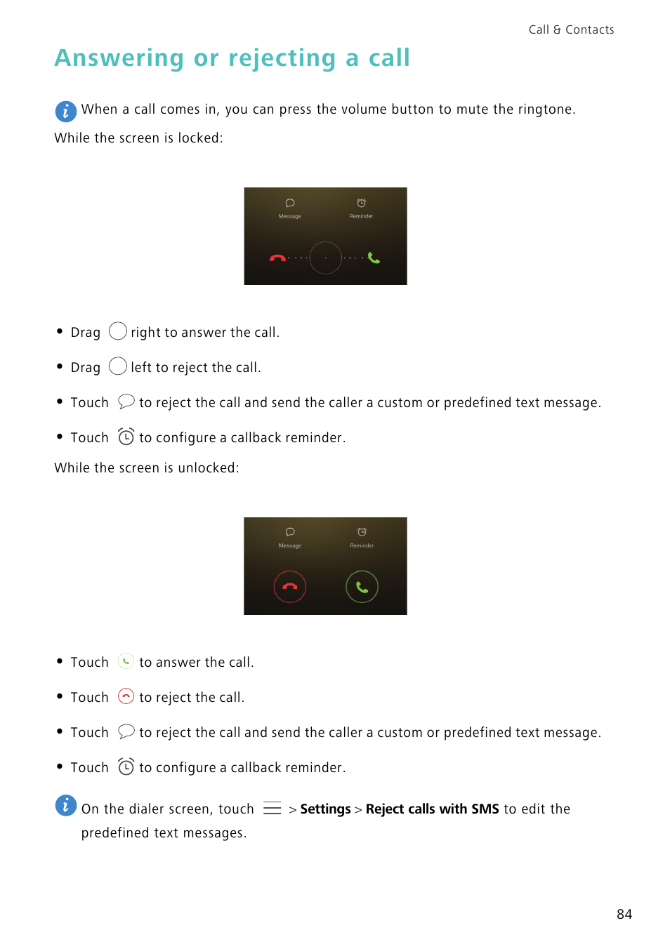 Answering or rejecting a call | Huawei Mate 8 User Manual | Page 91 / 218