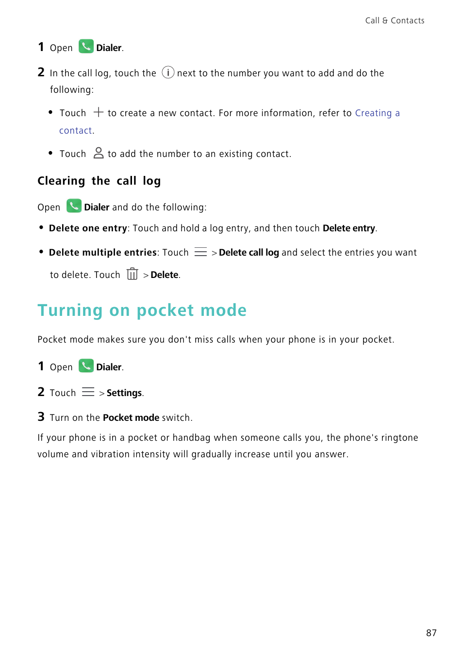 Clearing the call log, Turning on pocket mode | Huawei Mate 8 User Manual | Page 94 / 218