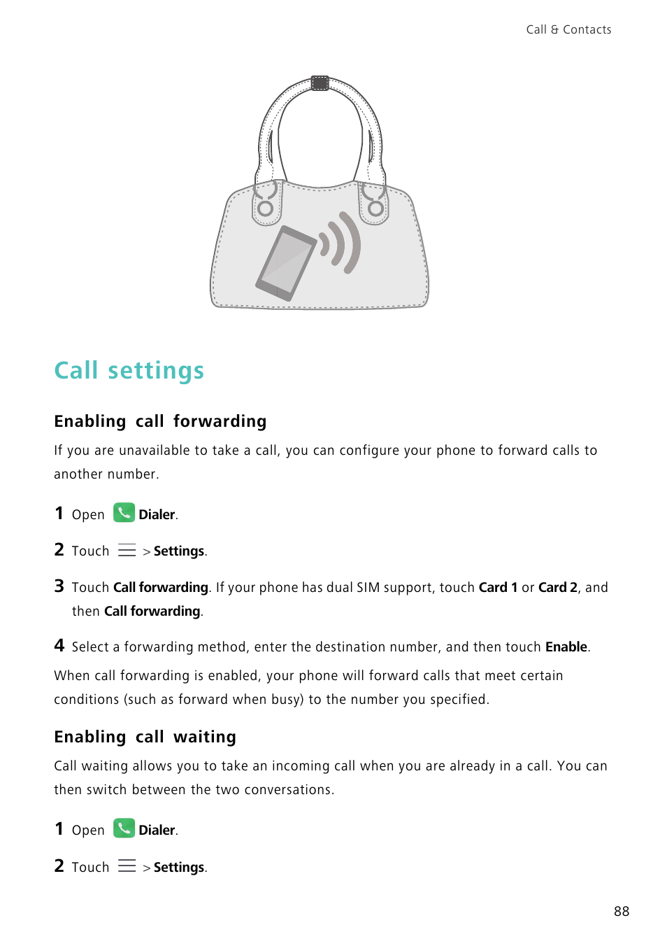 Call settings, Enabling call forwarding, Enabling call waiting | For details, contact your | Huawei Mate 8 User Manual | Page 95 / 218