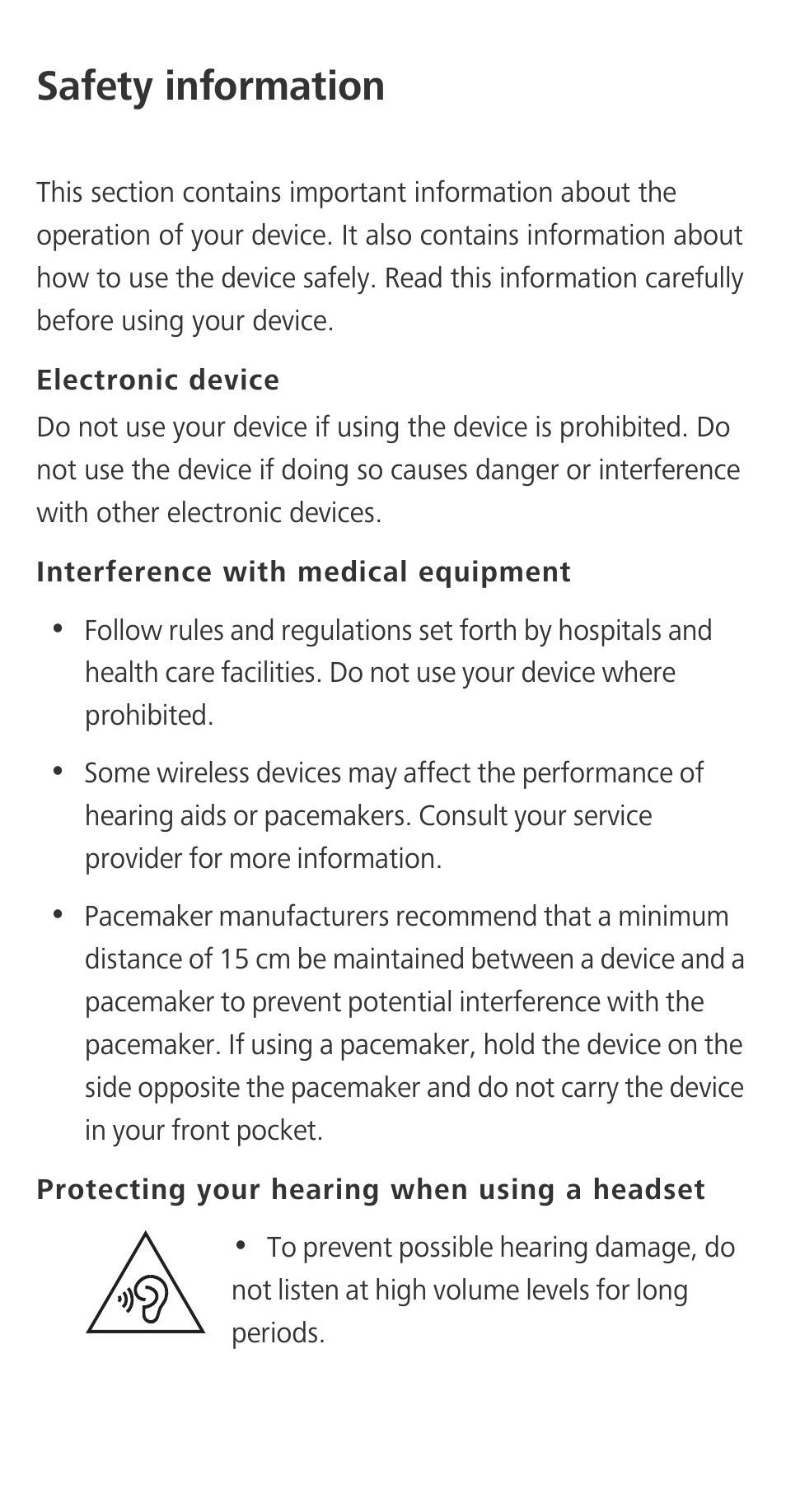 Safety information, Electronic device, Interference with medical equipment | Protecting your hearing when using a headset | Huawei P9 User Manual | Page 14 / 32