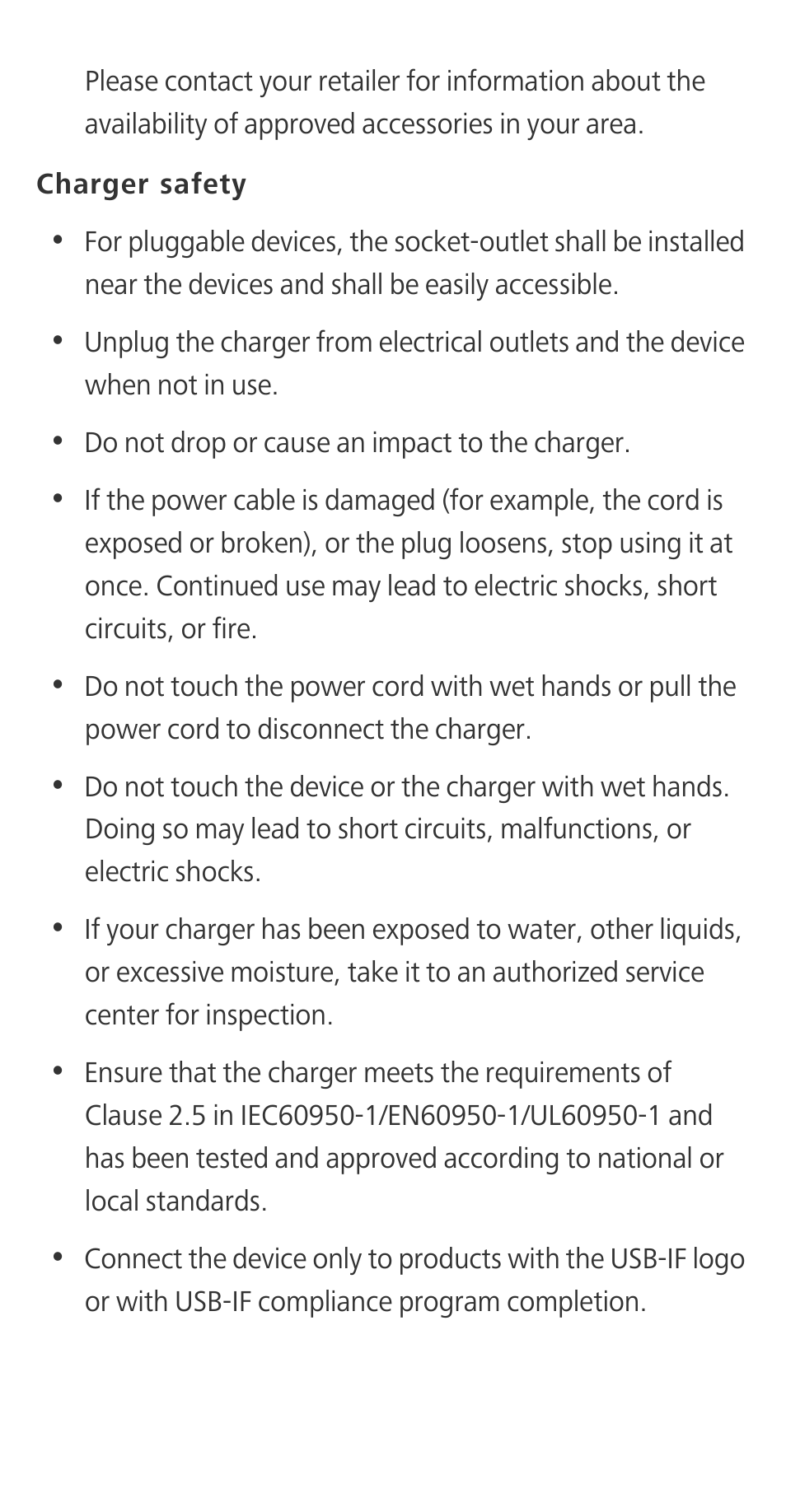 Charger safety | Huawei P9 User Manual | Page 18 / 32