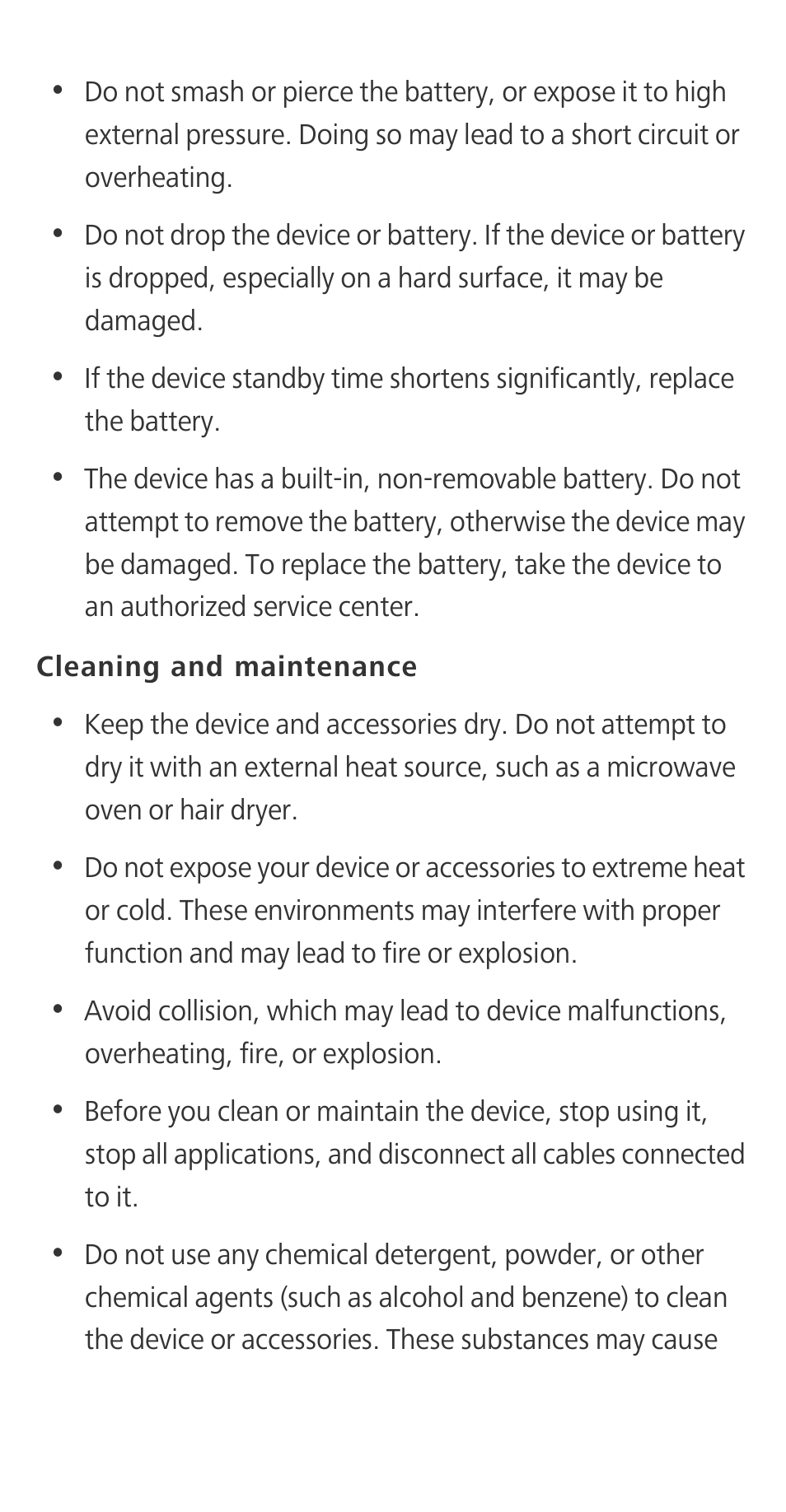 Cleaning and maintenance | Huawei P9 User Manual | Page 20 / 32