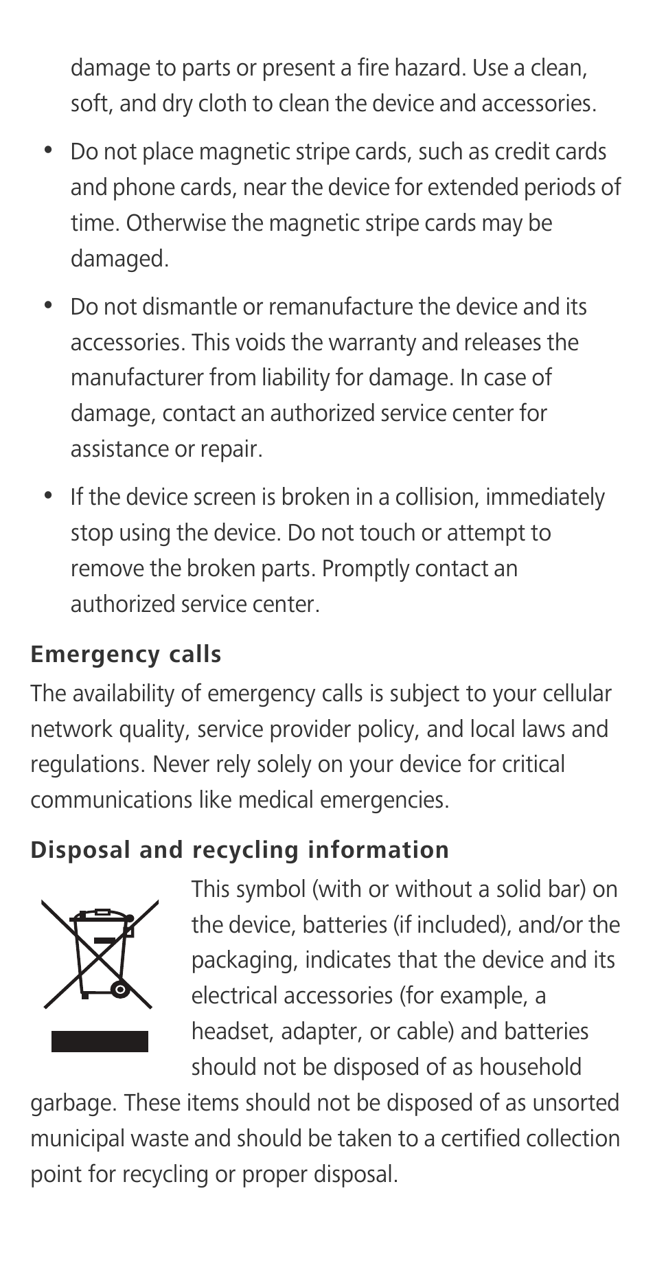 Emergency calls, Disposal and recycling information | Huawei P9 User Manual | Page 21 / 32