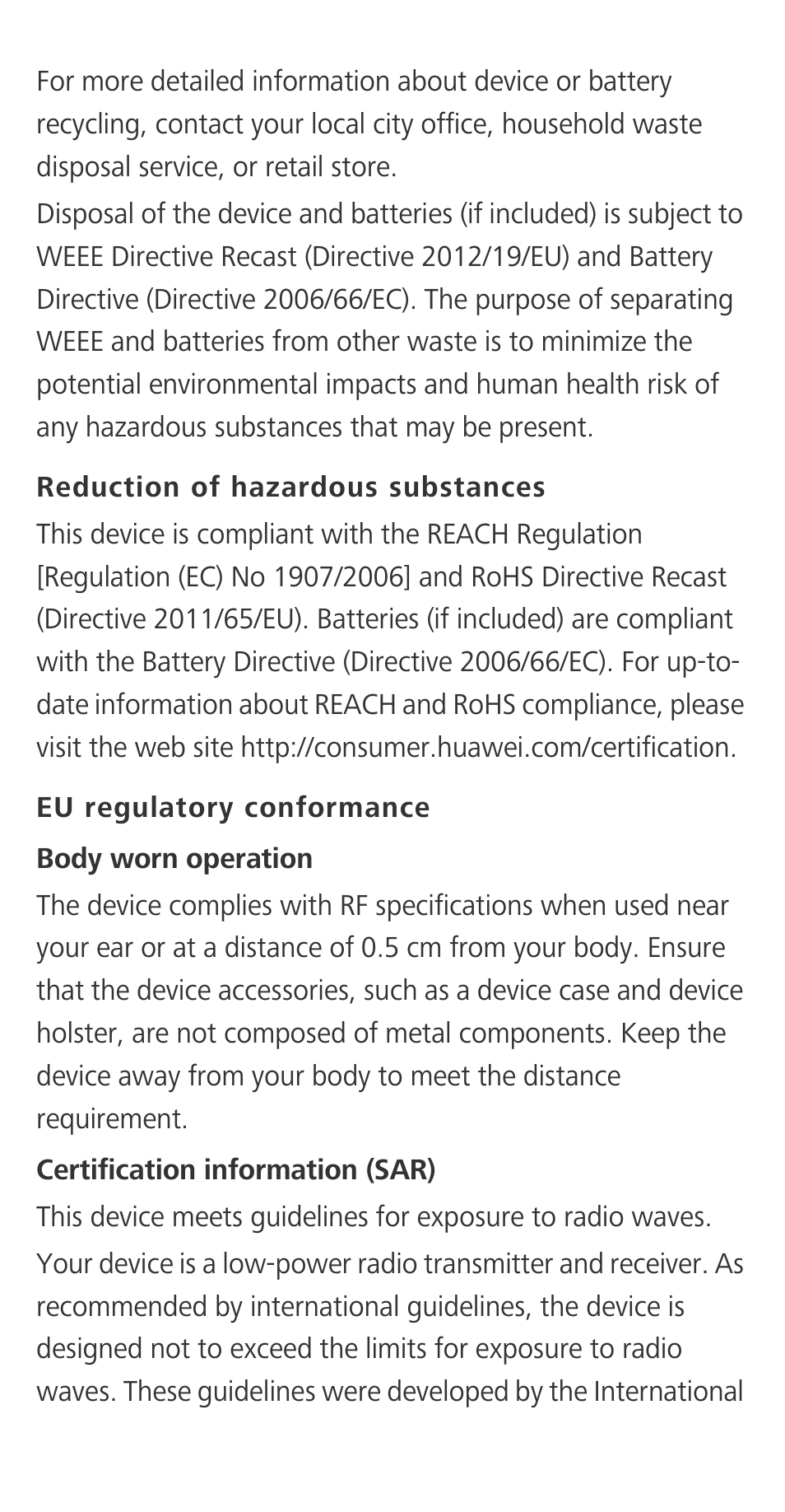 Reduction of hazardous substances, Eu regulatory conformance | Huawei P9 User Manual | Page 22 / 32