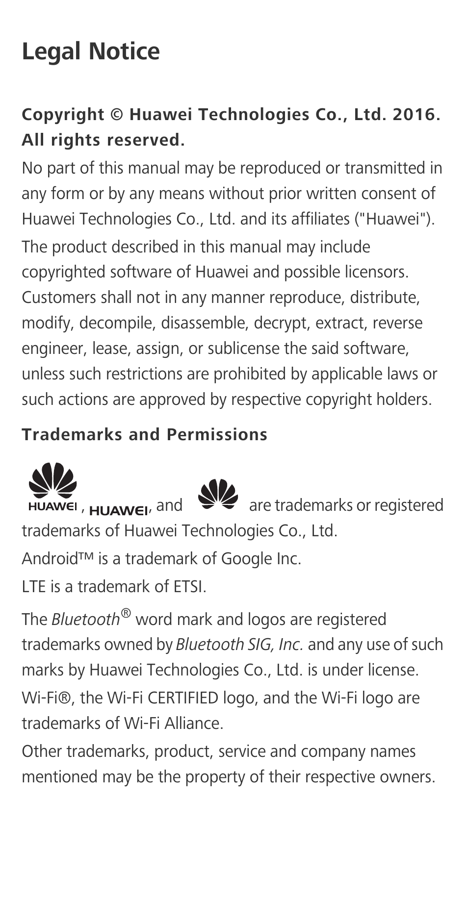 Legal notice, Trademarks and permissions | Huawei P9 User Manual | Page 28 / 32