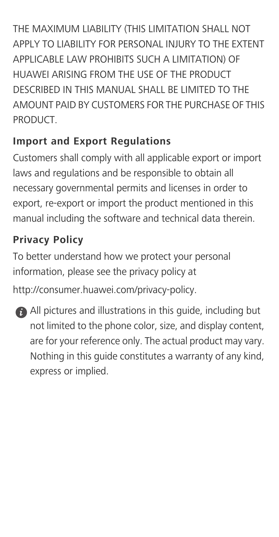 Import and export regulations, Privacy policy | Huawei P9 User Manual | Page 31 / 32