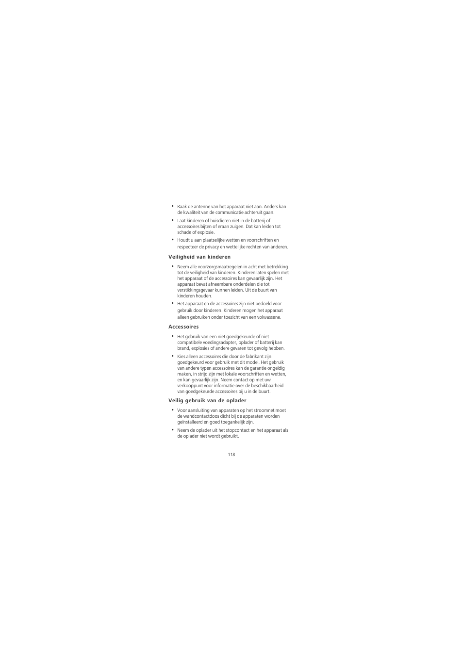 Veiligheid van kinderen, Accessoires, Veilig gebruik van de oplader | Huawei Honor 6X User Manual | Page 122 / 156