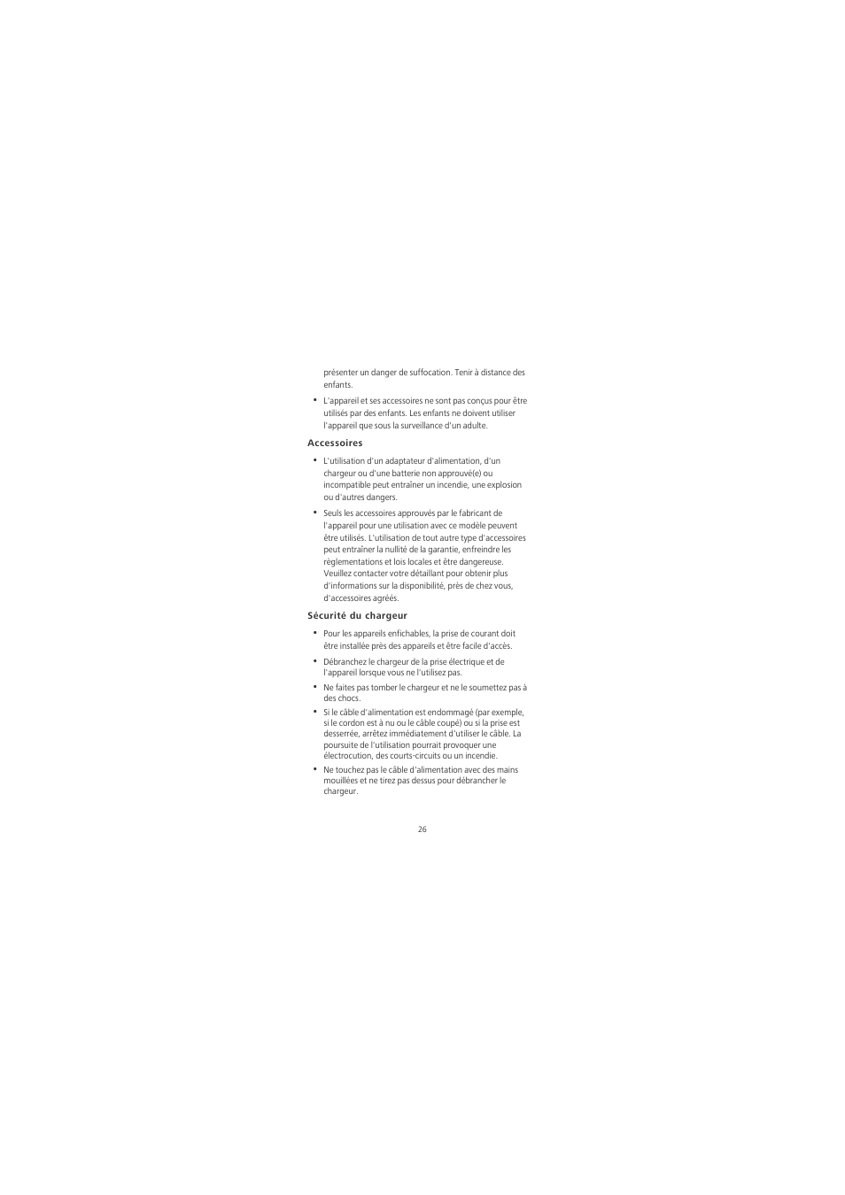 Accessoires, Sécurité du chargeur | Huawei Honor 6X User Manual | Page 30 / 156