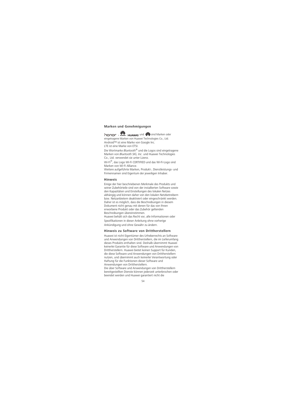 Marken und genehmigungen, Hinweis, Hinweis zu software von drittherstellern | Huawei Honor 6X User Manual | Page 58 / 156