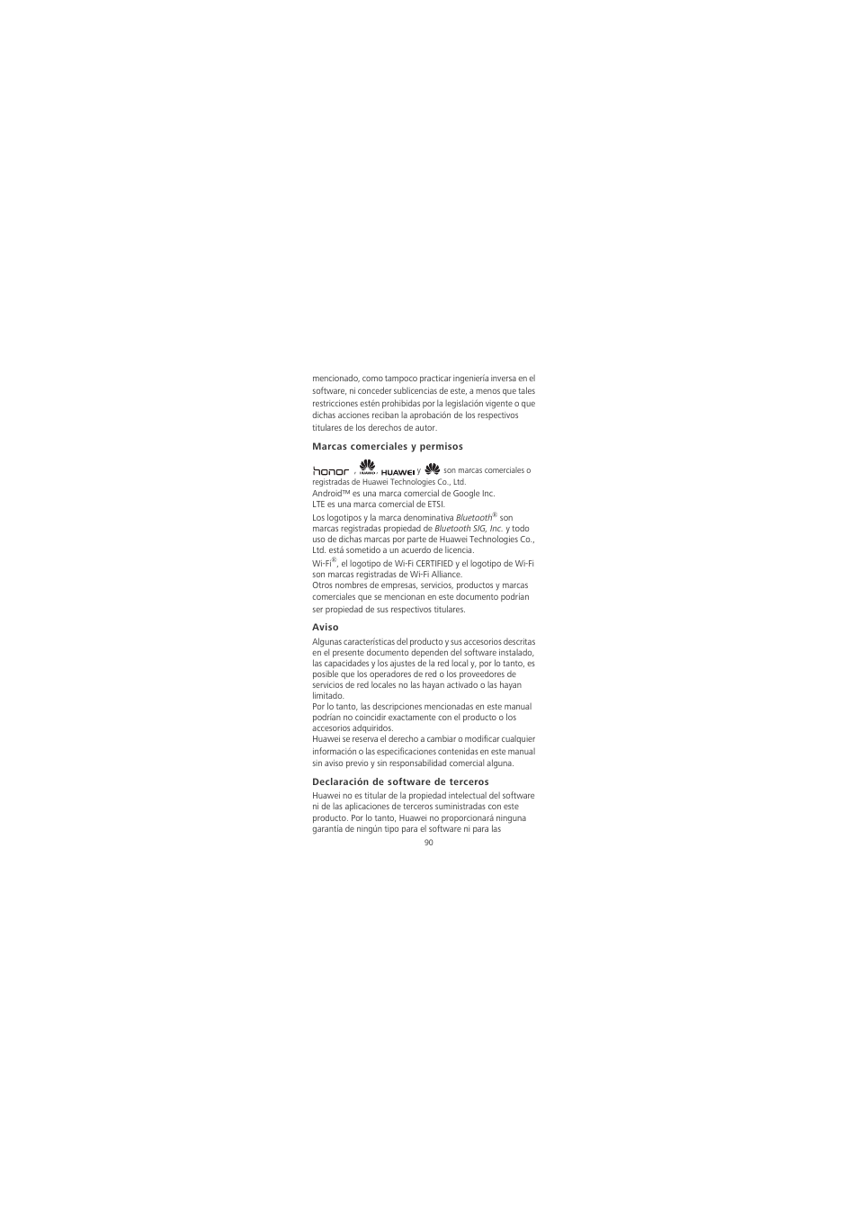 Marcas comerciales y permisos, Aviso, Declaración de software de terceros | Huawei Honor 6X User Manual | Page 94 / 156