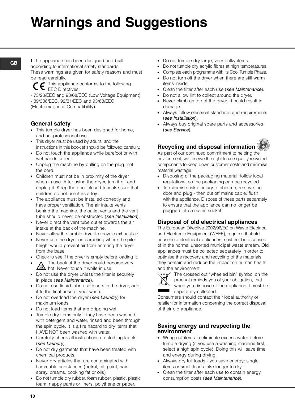 Warnings and suggestions, General safety, Recycling and disposal information | Disposal of old electrical appliances, Saving energy and respecting the environment | Creda TVU1 TVR2 User Manual | Page 10 / 16