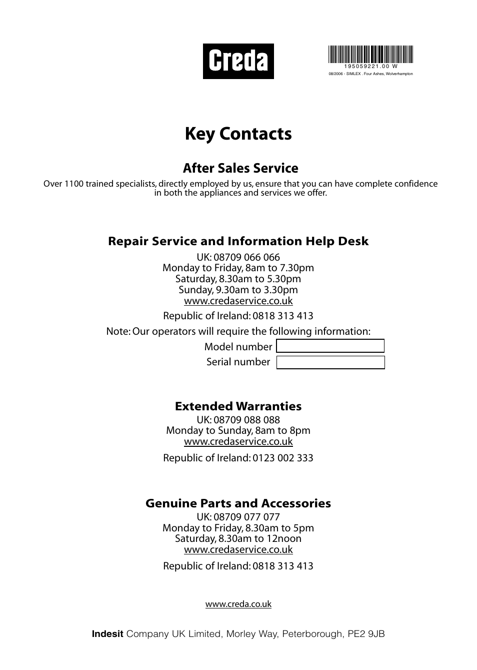 Key contacts, After sales service | Creda TVU1 TVR2 User Manual | Page 16 / 16