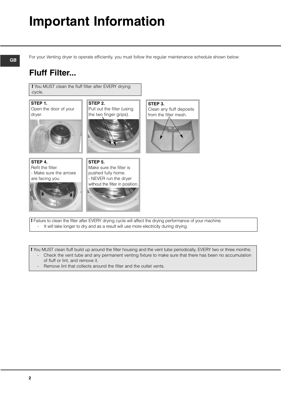 Important information, Fluff filter | Creda TVU1 TVR2 User Manual | Page 2 / 16
