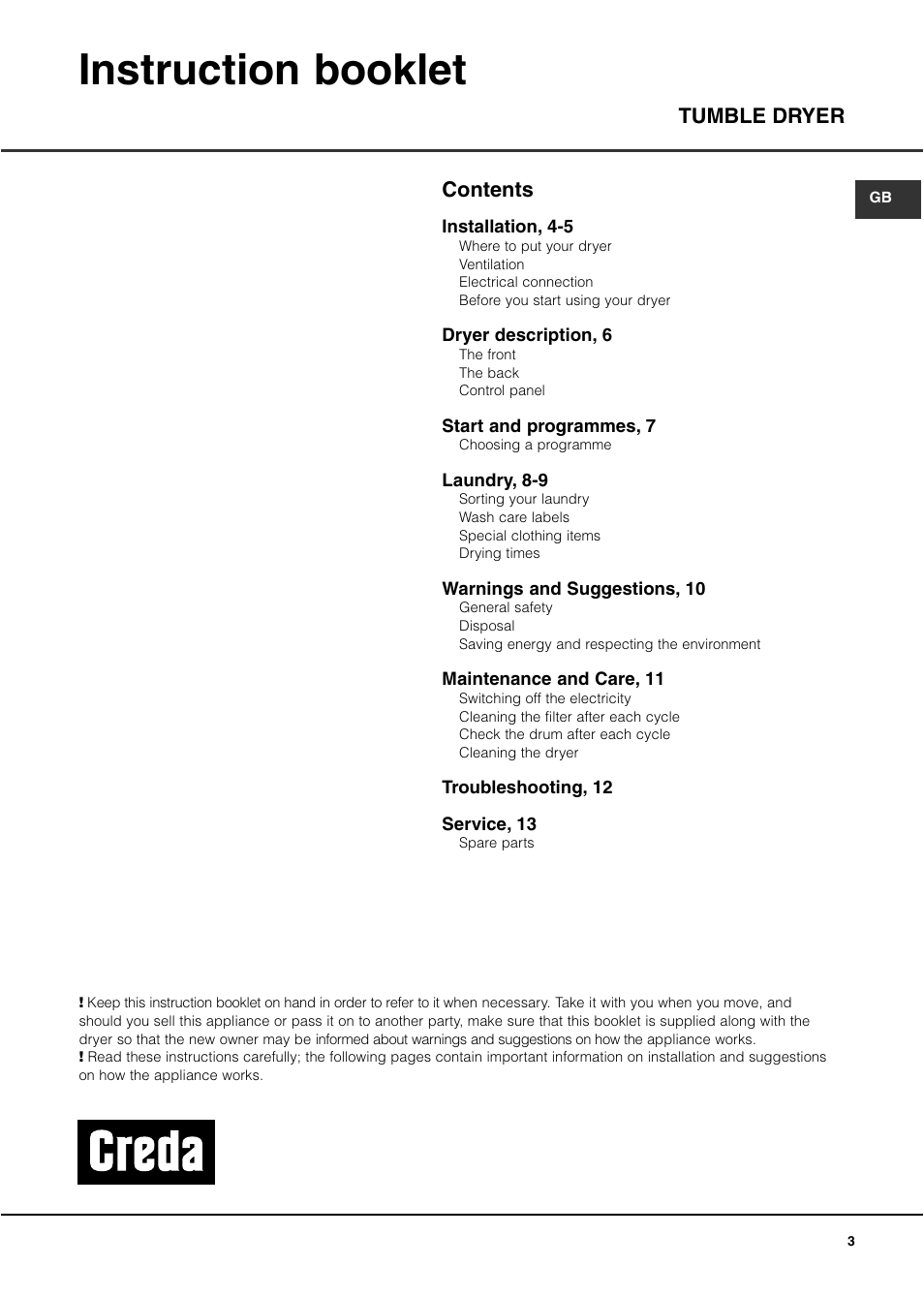 Instruction booklet, Contents tumble dryer | Creda TVU1 TVR2 User Manual | Page 3 / 16