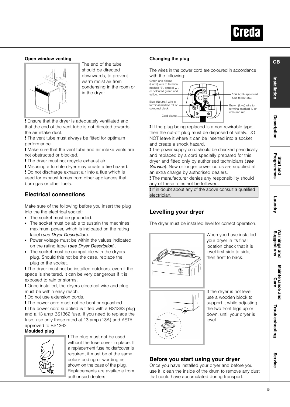 Electrical connections, Levelling your dryer, Before you start using your dryer | Creda TVU1 TVR2 User Manual | Page 5 / 16