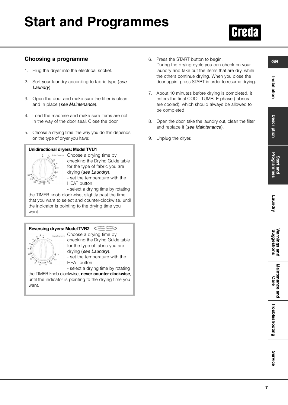 Start and programmes | Creda TVU1 TVR2 User Manual | Page 7 / 16