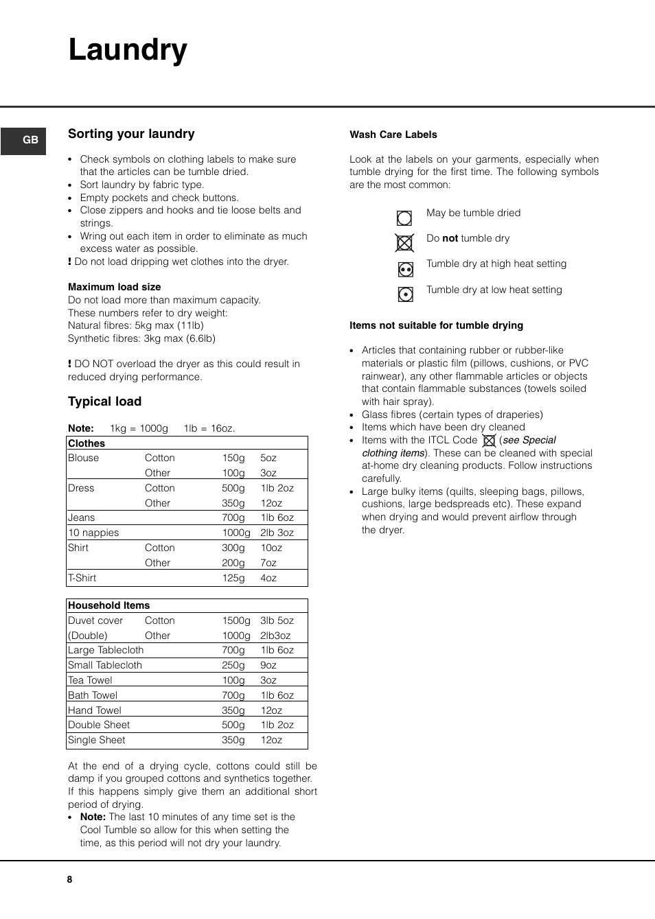 Laundry, Sorting your laundry, Typical load | Creda TVU1 TVR2 User Manual | Page 8 / 16