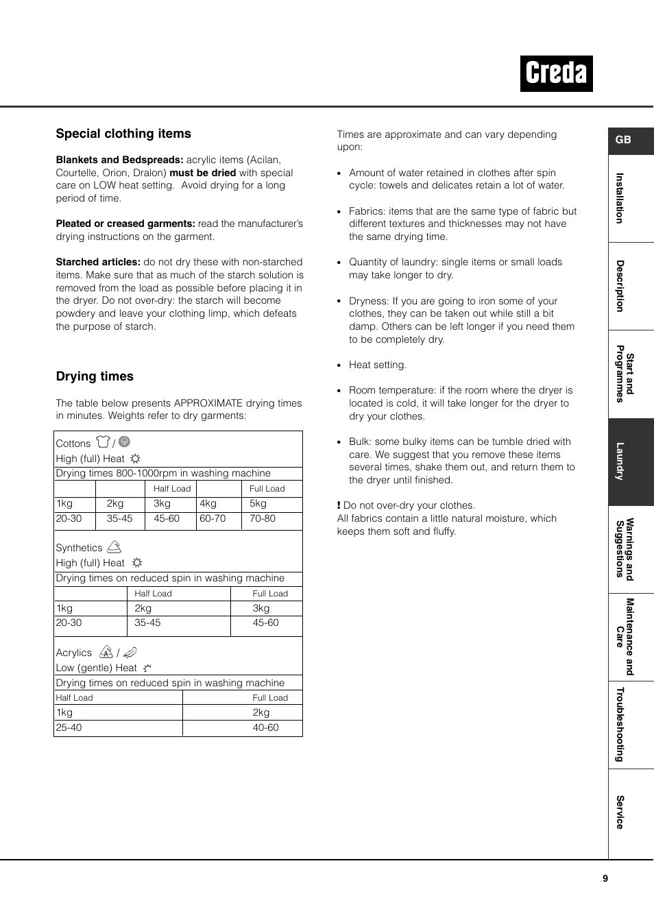 Special clothing items, Drying times | Creda TVU1 TVR2 User Manual | Page 9 / 16