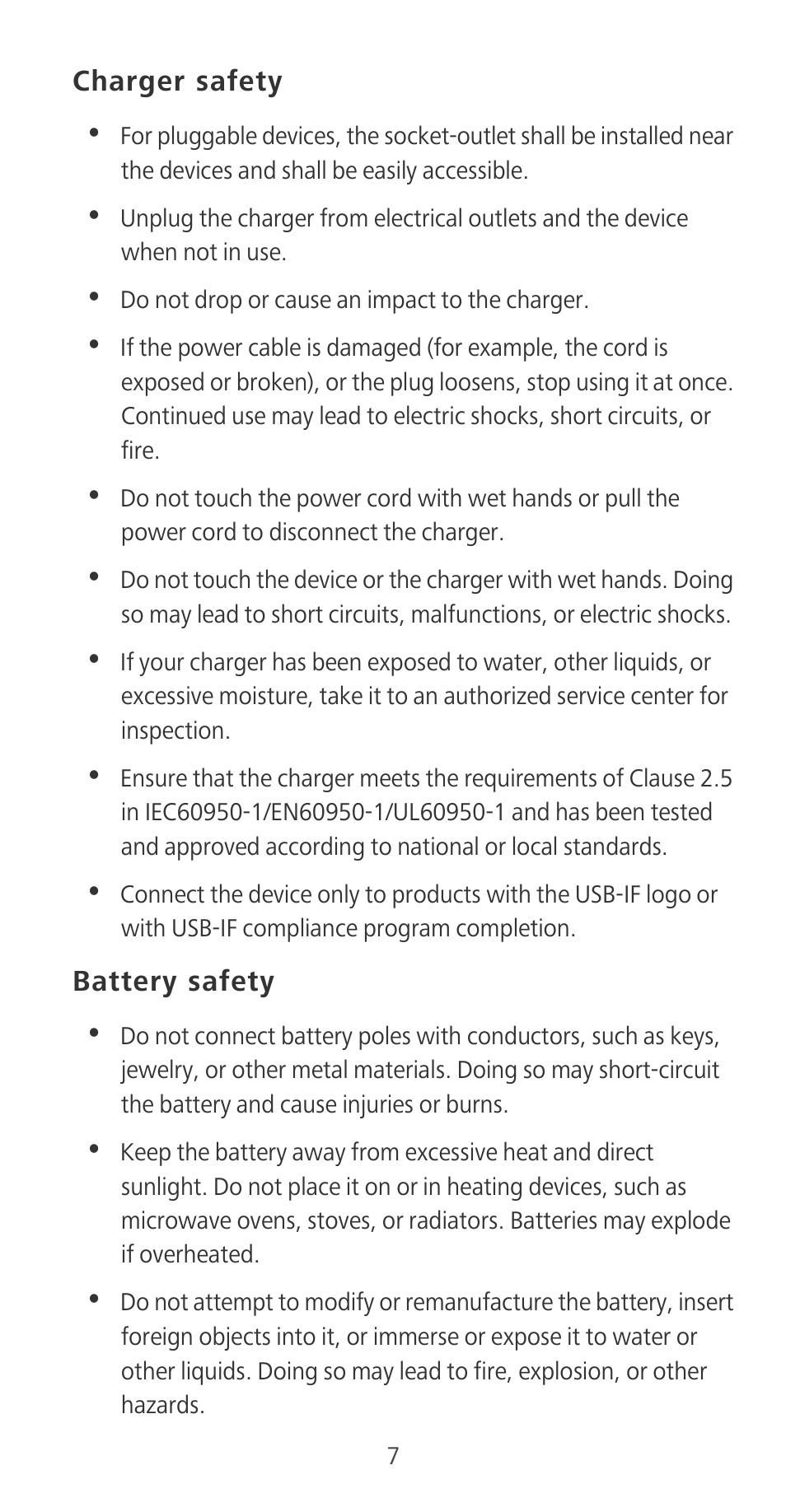 Charger safety, Battery safety | Huawei P9 User Manual | Page 11 / 198