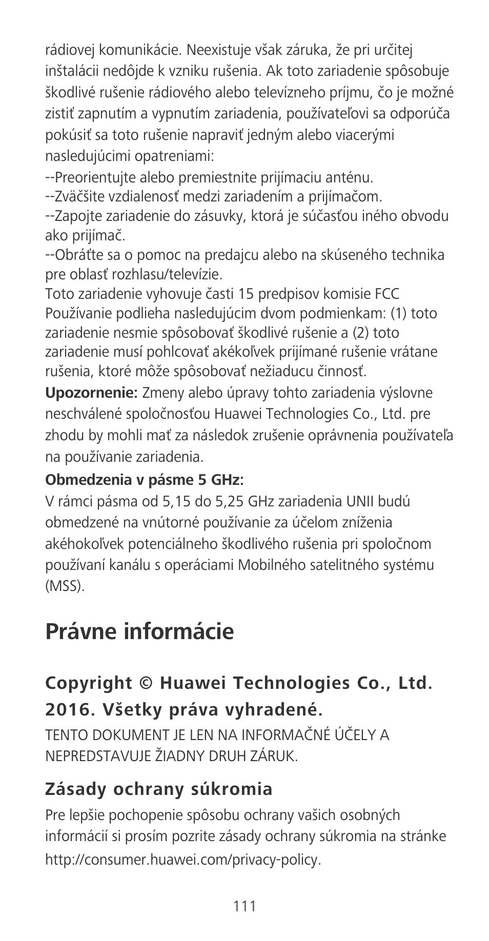 Právne informácie, Zásady ochrany súkromia | Huawei P9 User Manual | Page 115 / 198