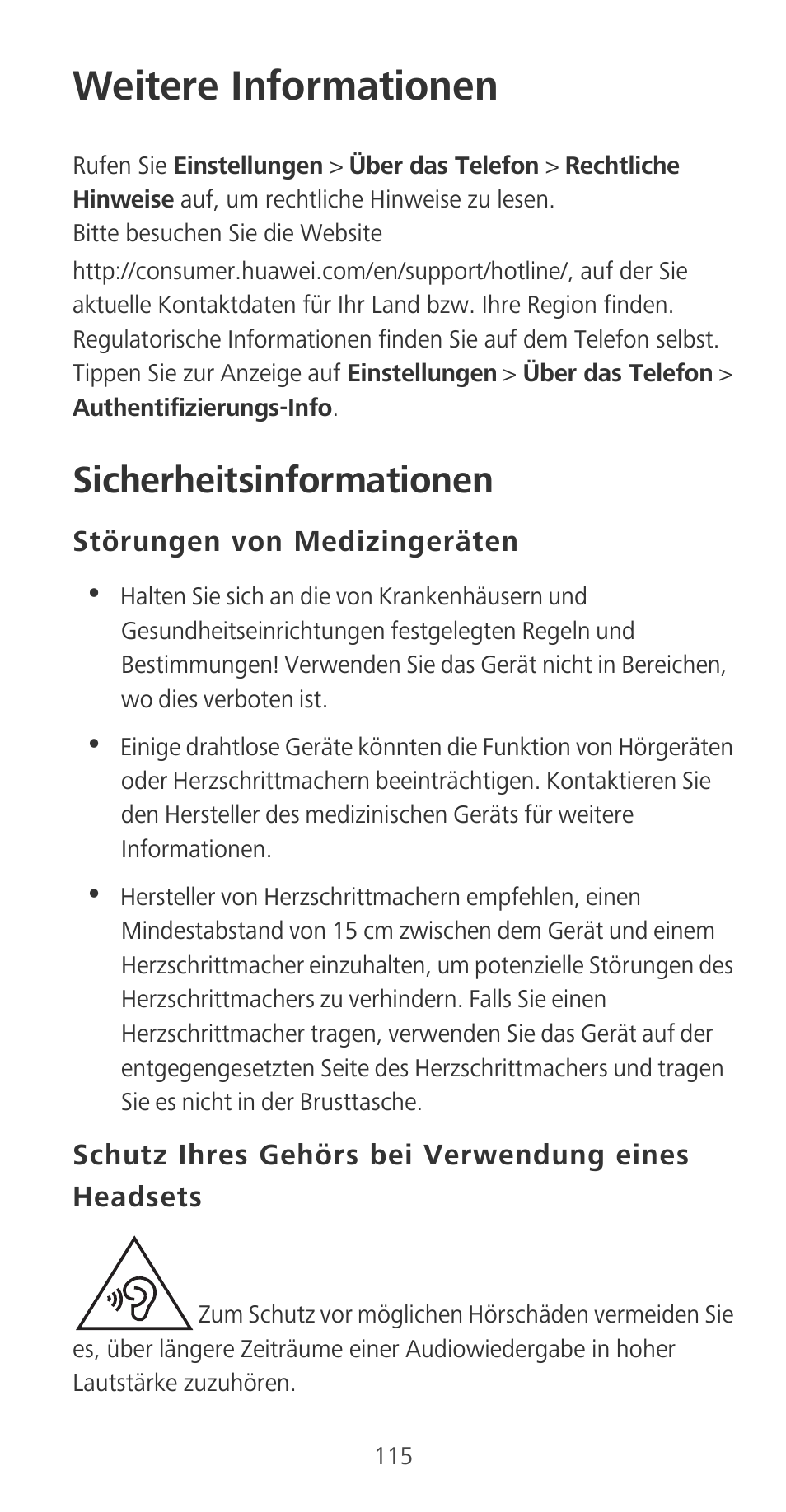 Weitere informationen, Sicherheitsinformationen, Störungen von medizingeräten | Schutz ihres gehörs bei verwendung eines headsets | Huawei P9 User Manual | Page 119 / 198