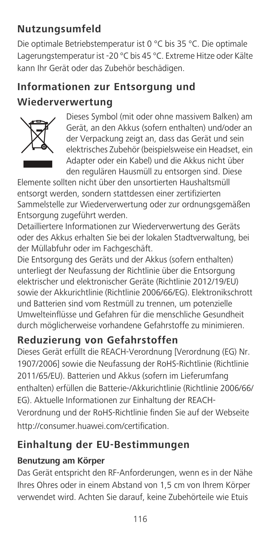 Nutzungsumfeld, Informationen zur entsorgung und wiederverwertung, Reduzierung von gefahrstoffen | Einhaltung der eu-bestimmungen | Huawei P9 User Manual | Page 120 / 198