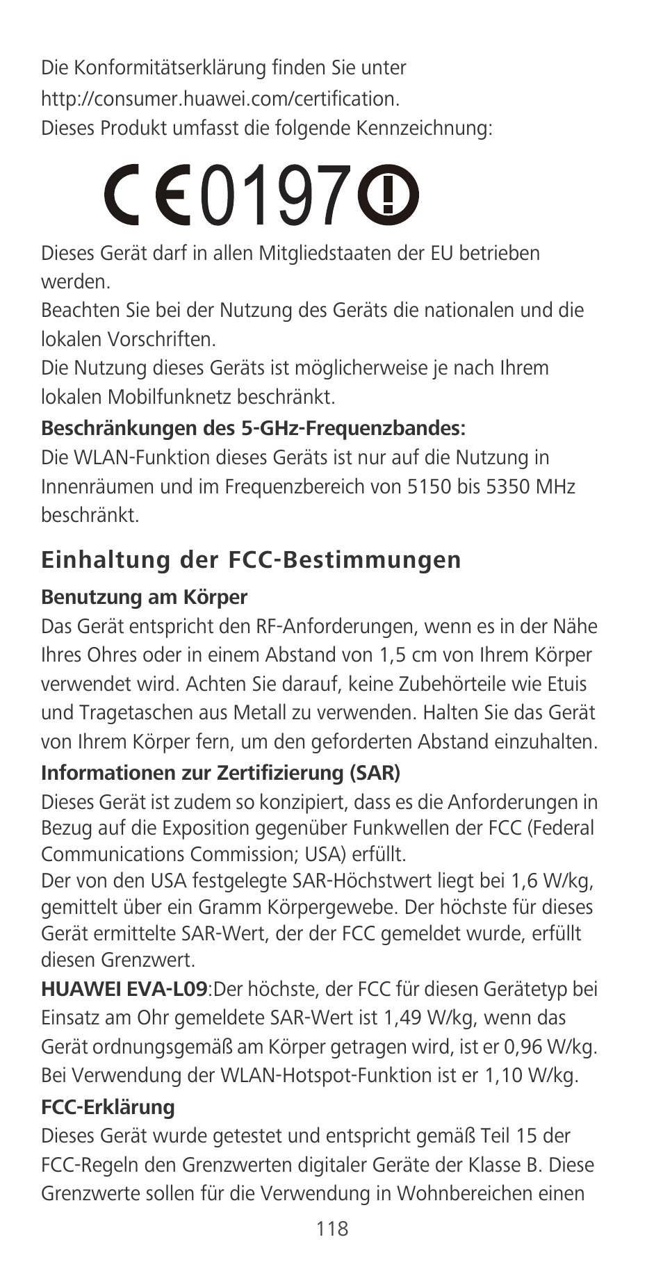 Einhaltung der fcc-bestimmungen | Huawei P9 User Manual | Page 122 / 198