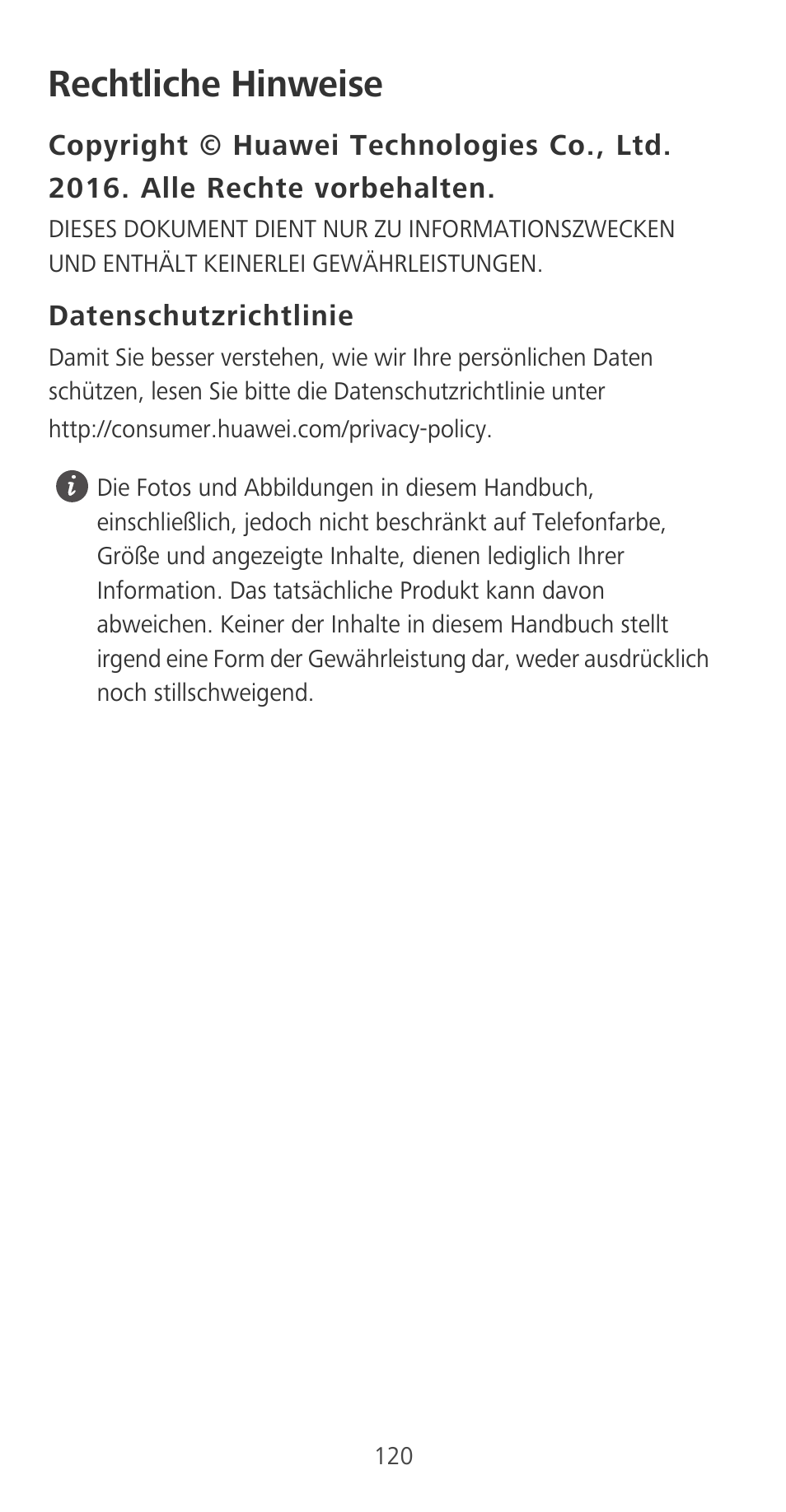 Rechtliche hinweise, Datenschutzrichtlinie | Huawei P9 User Manual | Page 124 / 198