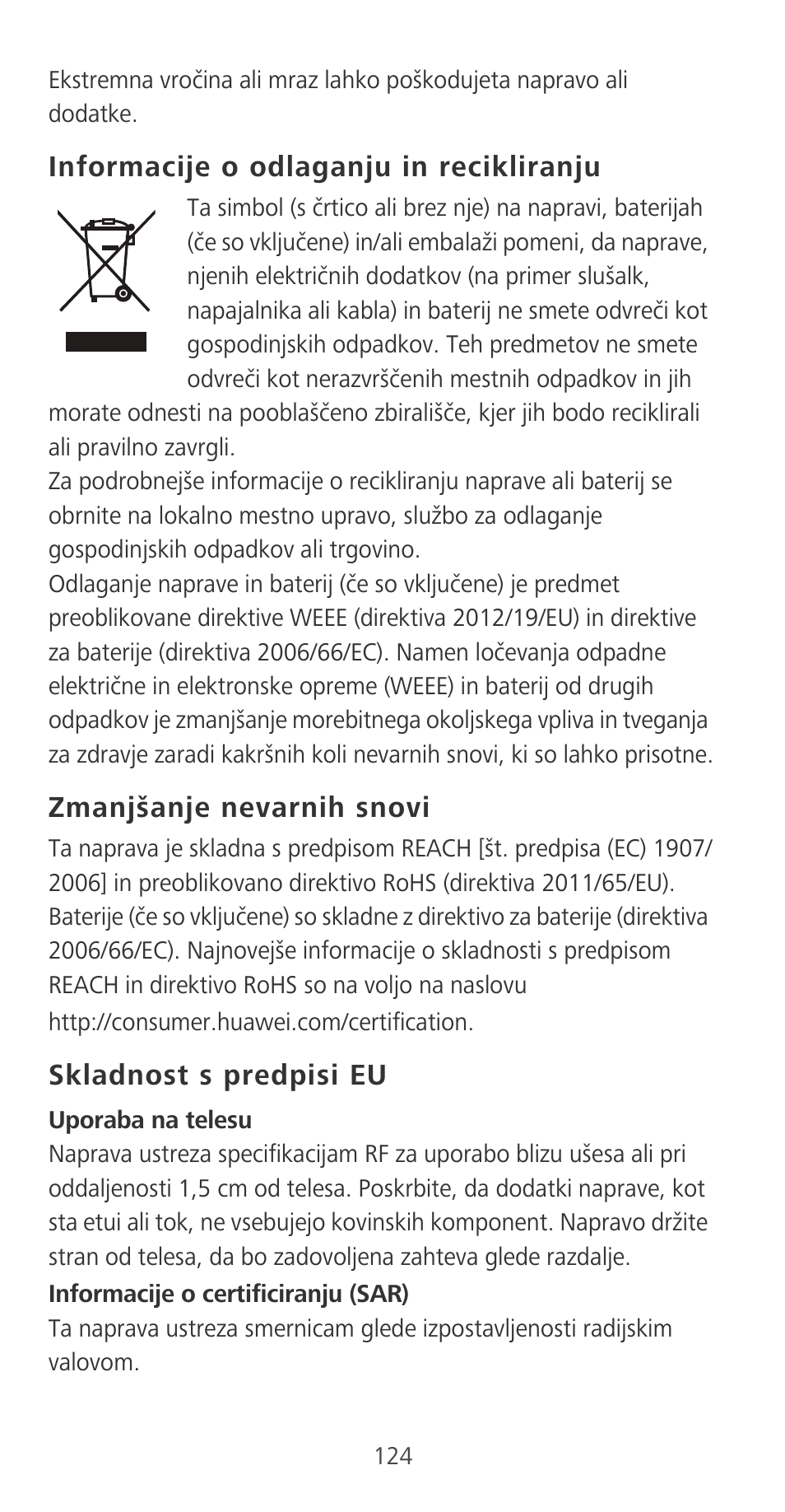 Informacije o odlaganju in recikliranju, Zmanjšanje nevarnih snovi, Skladnost s predpisi eu | Huawei P9 User Manual | Page 128 / 198