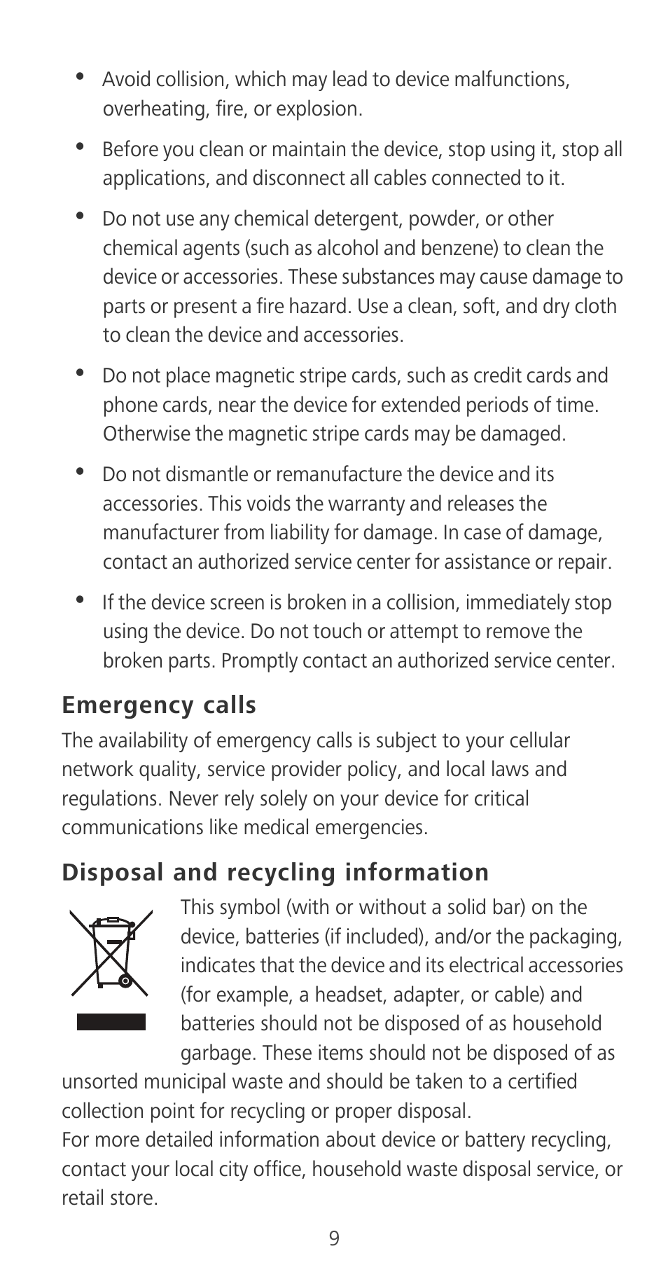 Emergency calls, Disposal and recycling information | Huawei P9 User Manual | Page 13 / 198