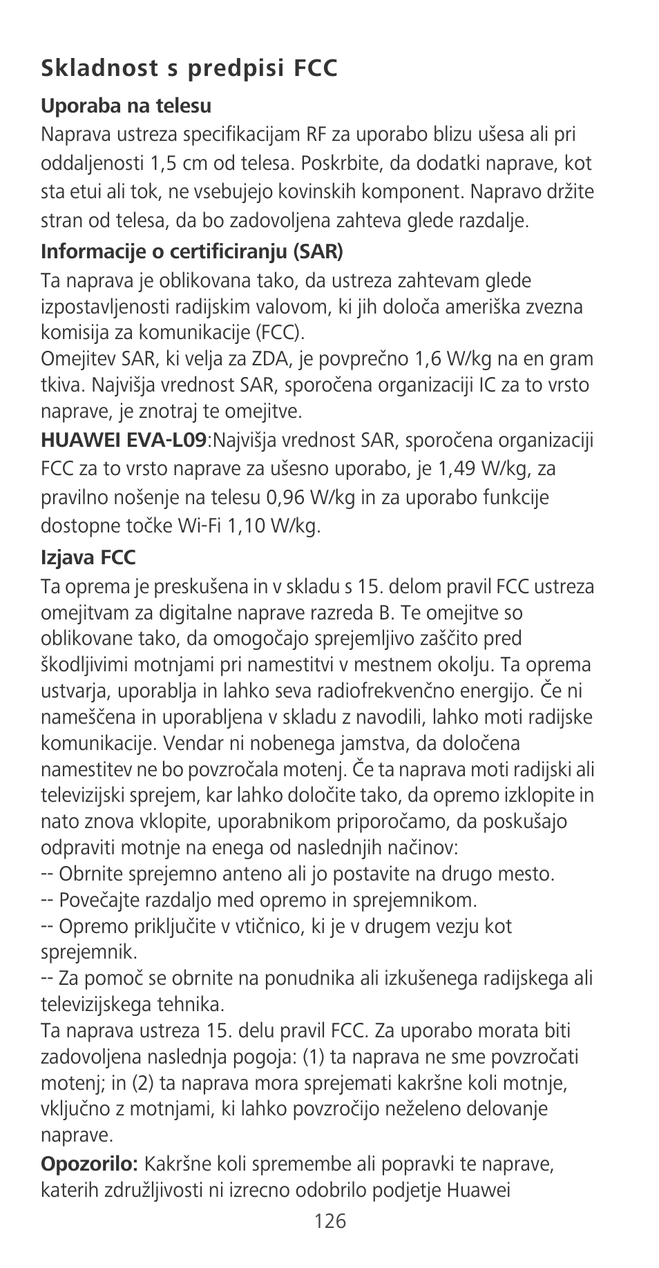 Skladnost s predpisi fcc | Huawei P9 User Manual | Page 130 / 198