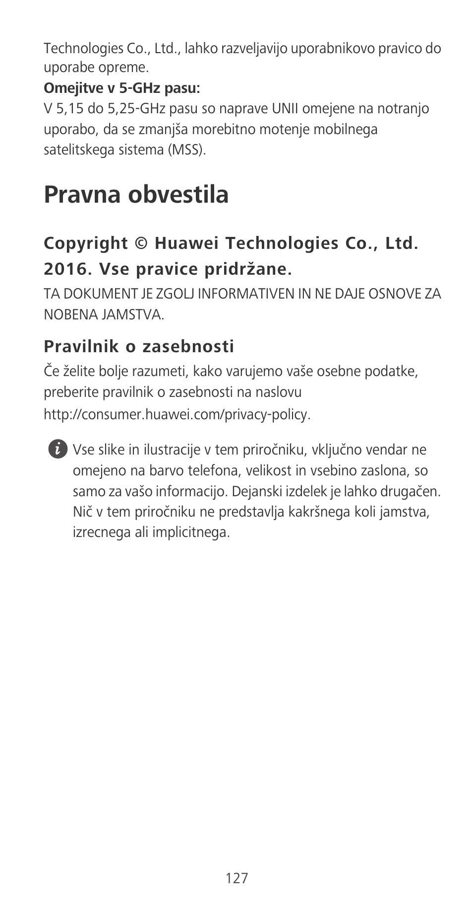 Pravna obvestila, Pravilnik o zasebnosti | Huawei P9 User Manual | Page 131 / 198