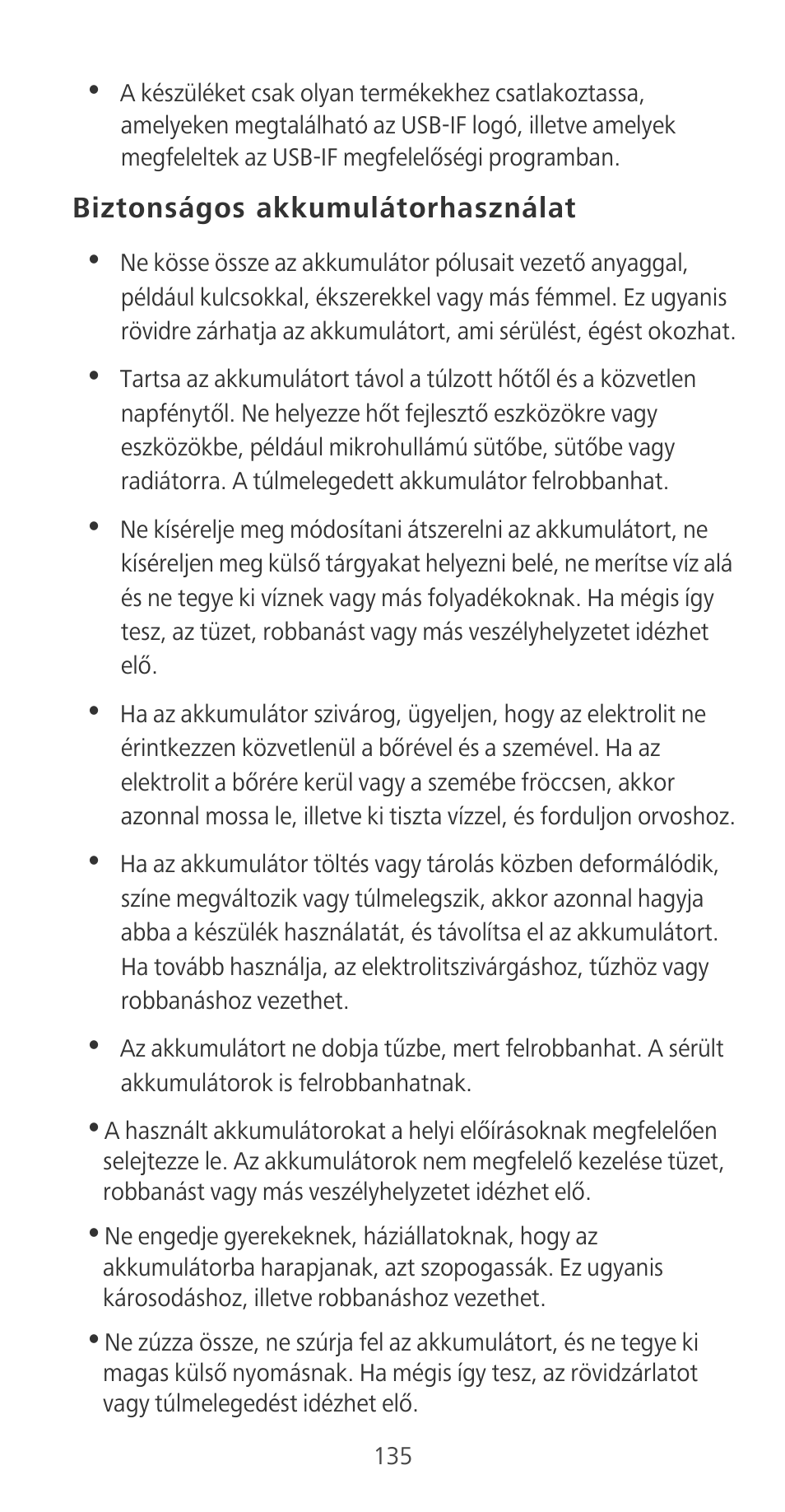 Biztonságos akkumulátorhasználat | Huawei P9 User Manual | Page 139 / 198