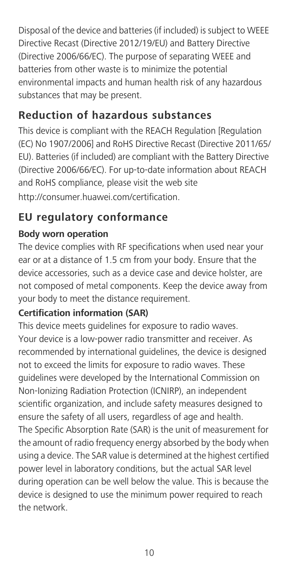 Reduction of hazardous substances, Eu regulatory conformance | Huawei P9 User Manual | Page 14 / 198