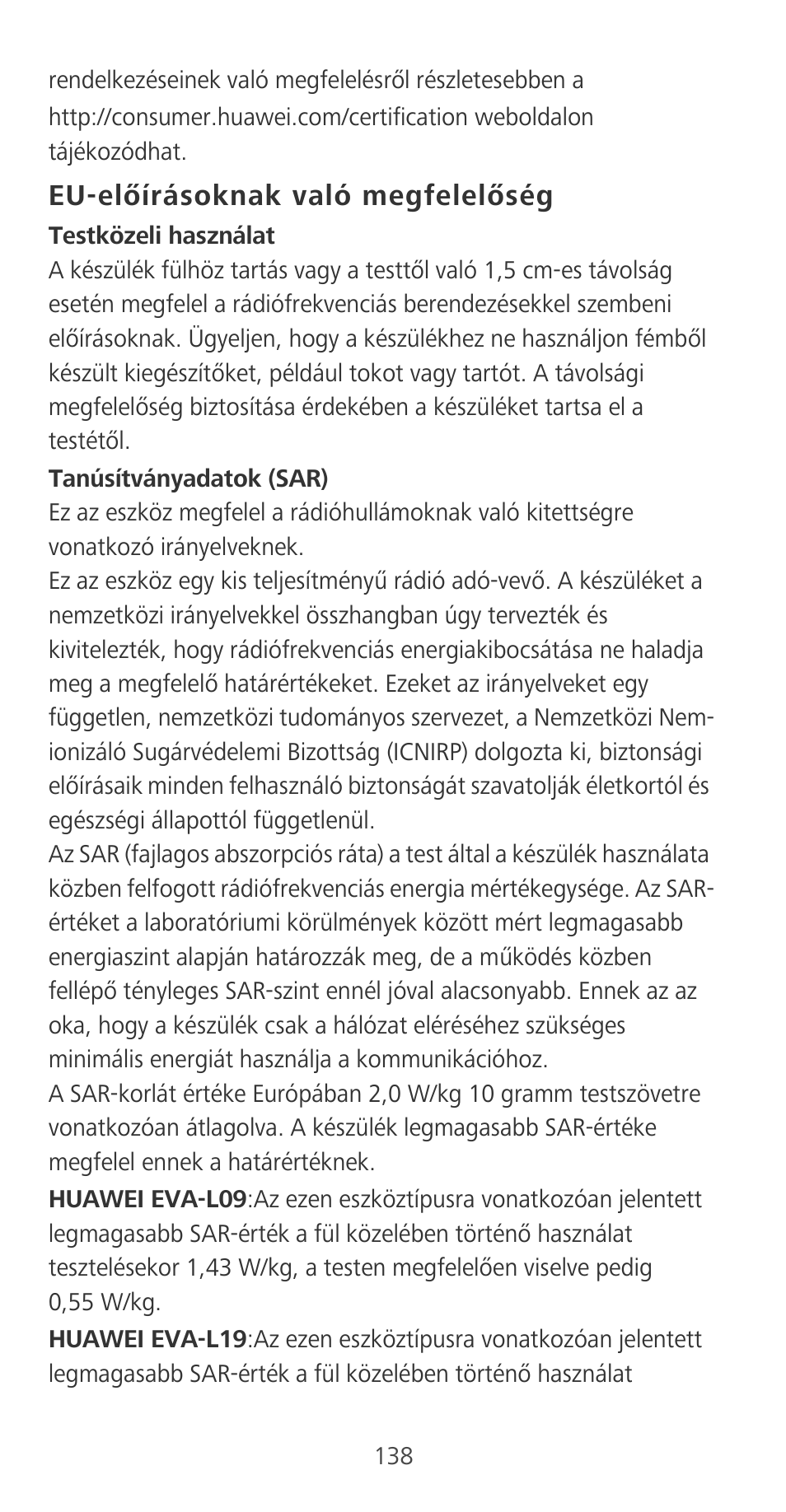 Eu-előírásoknak való megfelelőség | Huawei P9 User Manual | Page 142 / 198
