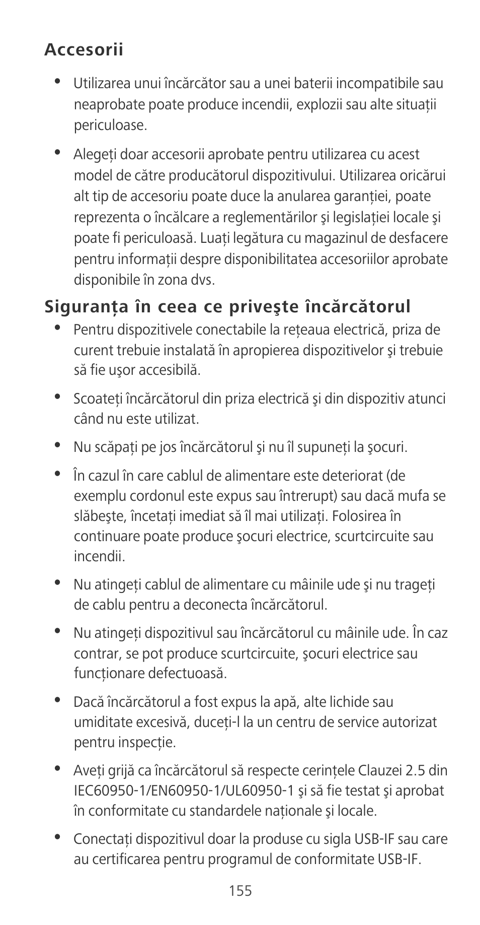 Accesorii, Siguranţa în ceea ce priveşte încărcătorul | Huawei P9 User Manual | Page 159 / 198