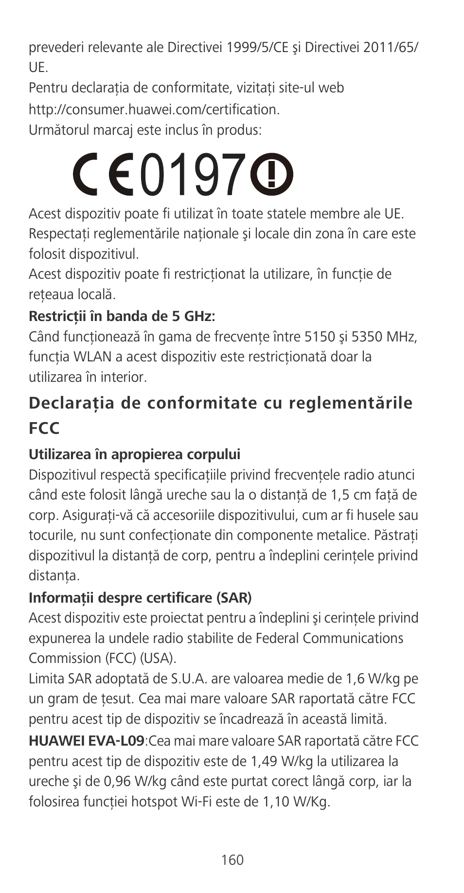 Declaraţia de conformitate cu reglementările fcc | Huawei P9 User Manual | Page 164 / 198