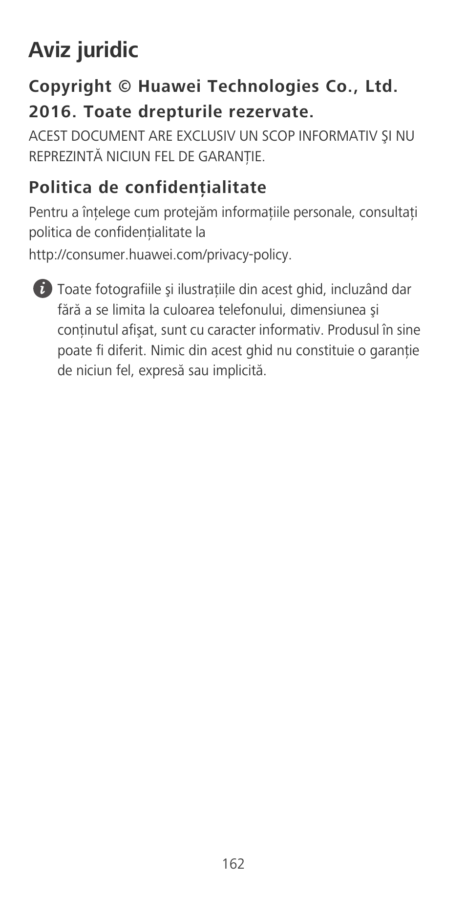 Aviz juridic, Politica de confidenţialitate | Huawei P9 User Manual | Page 166 / 198