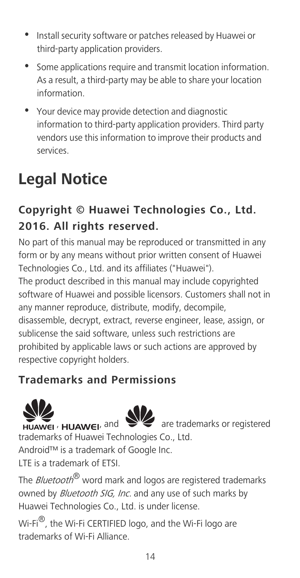 Legal notice, Trademarks and permissions | Huawei P9 User Manual | Page 18 / 198