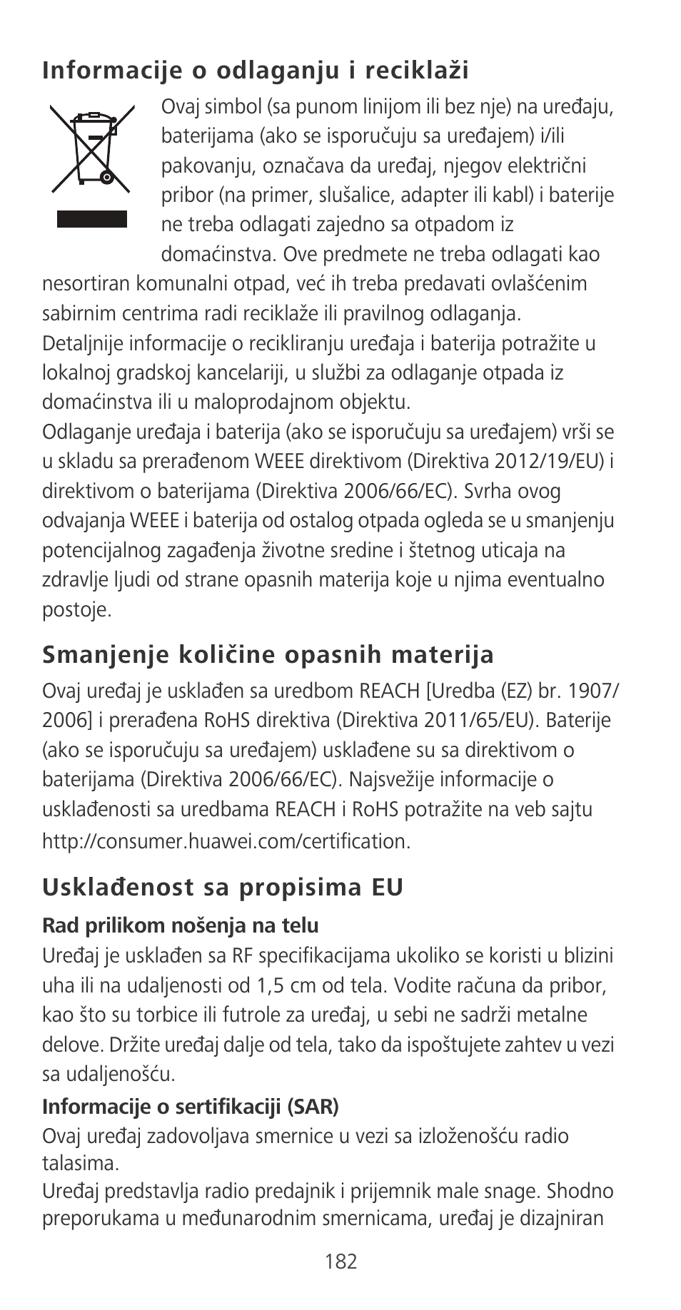 Informacije o odlaganju i reciklaži, Smanjenje količine opasnih materija, Usklađenost sa propisima eu | Huawei P9 User Manual | Page 186 / 198