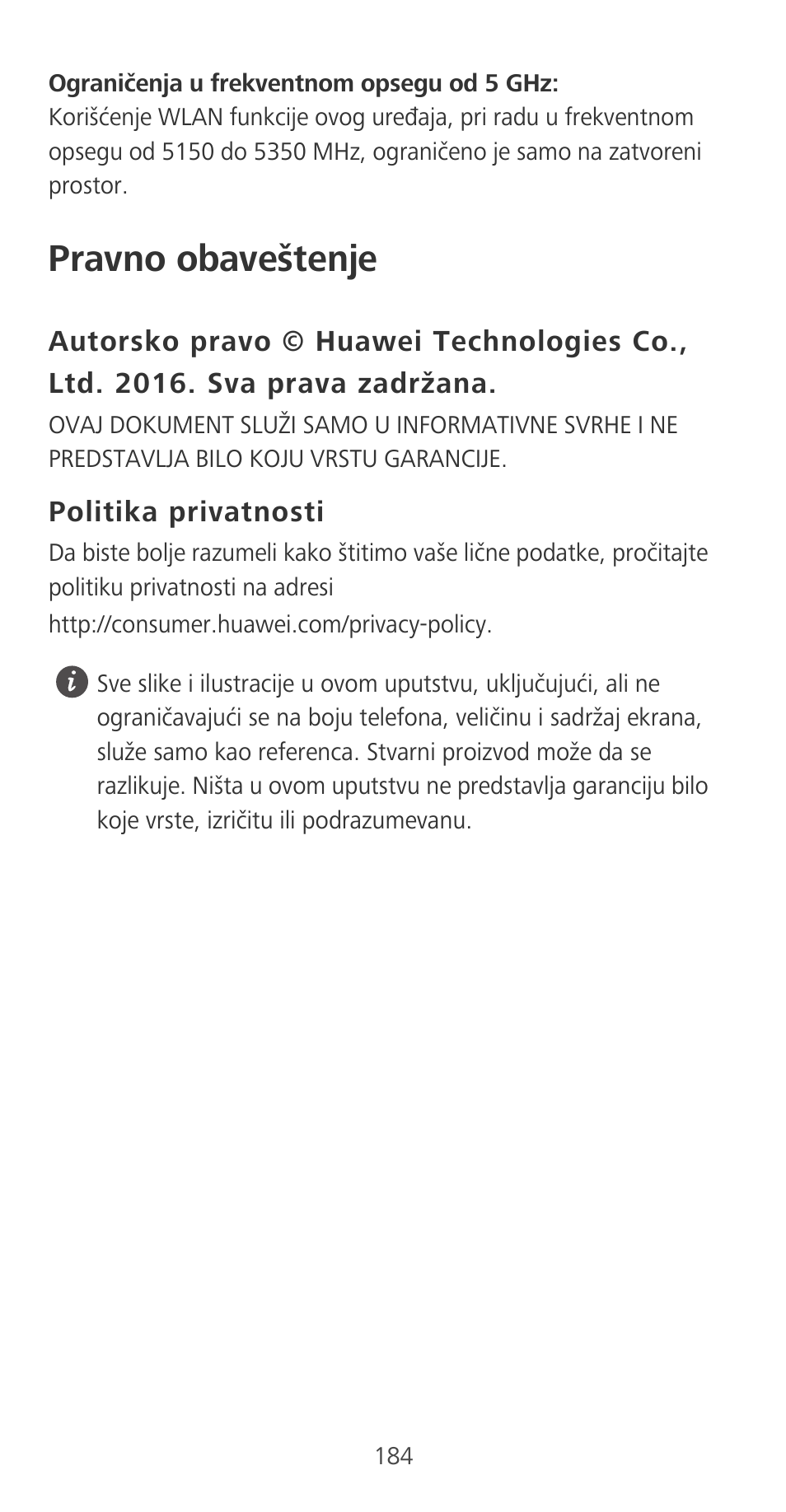Pravno obaveštenje, Politika privatnosti | Huawei P9 User Manual | Page 188 / 198