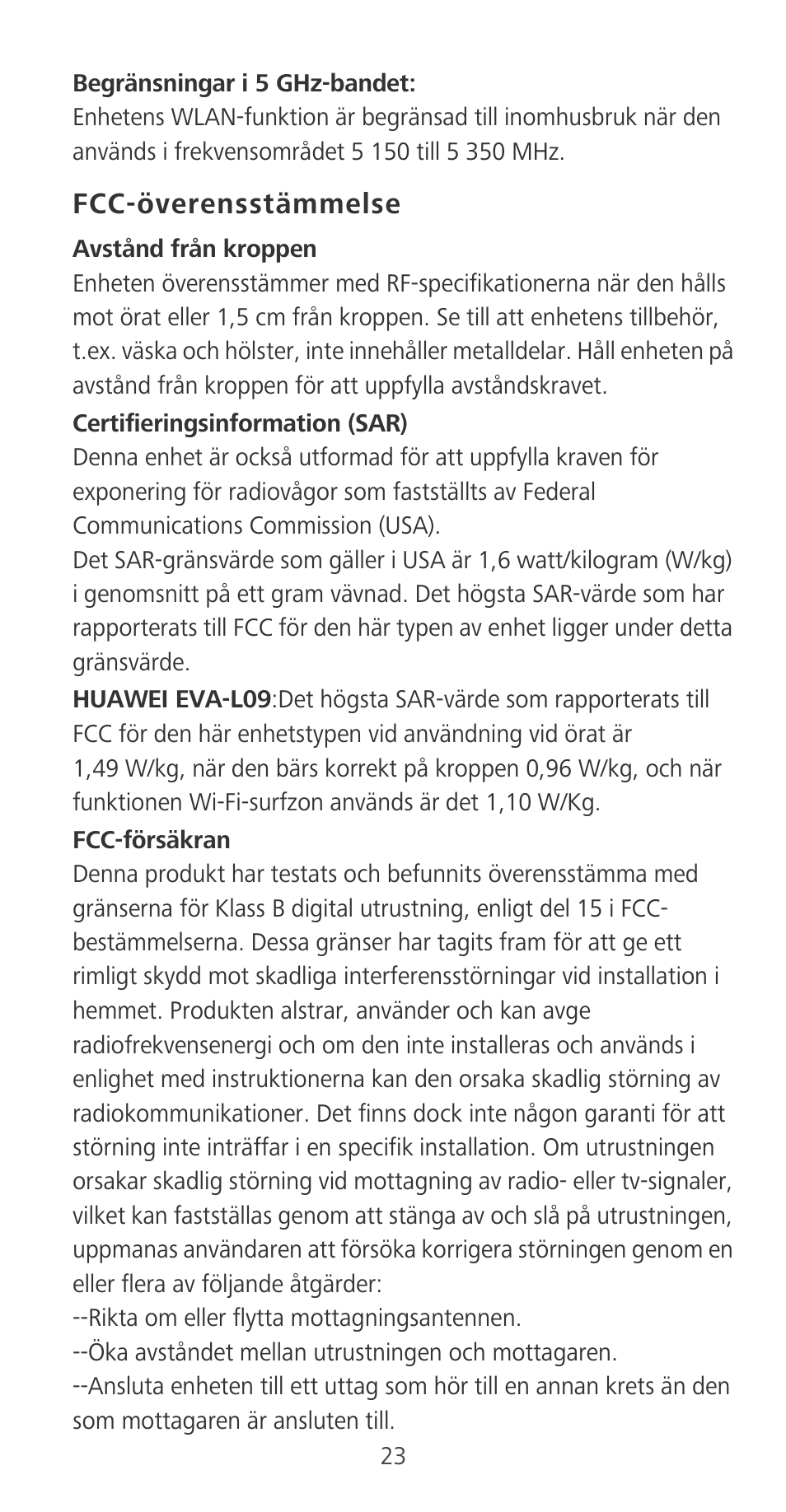 Fcc-överensstämmelse | Huawei P9 User Manual | Page 27 / 198