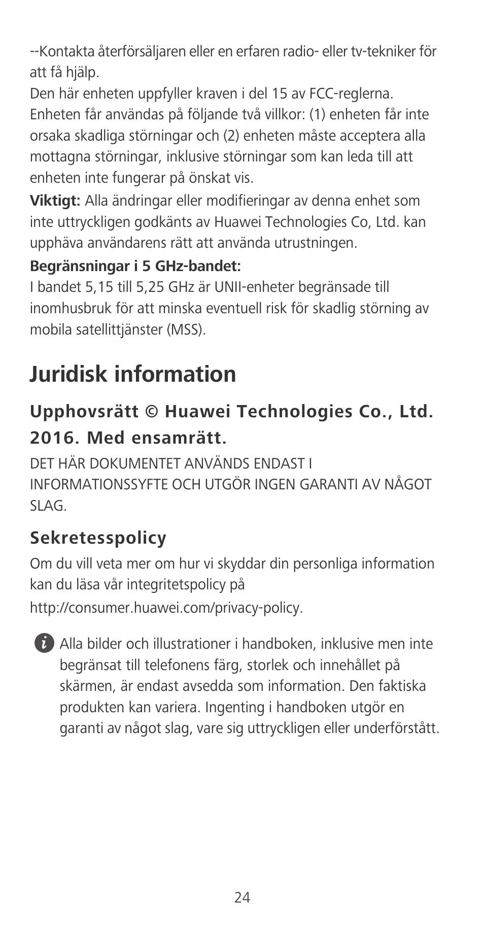 Juridisk information, Sekretesspolicy | Huawei P9 User Manual | Page 28 / 198