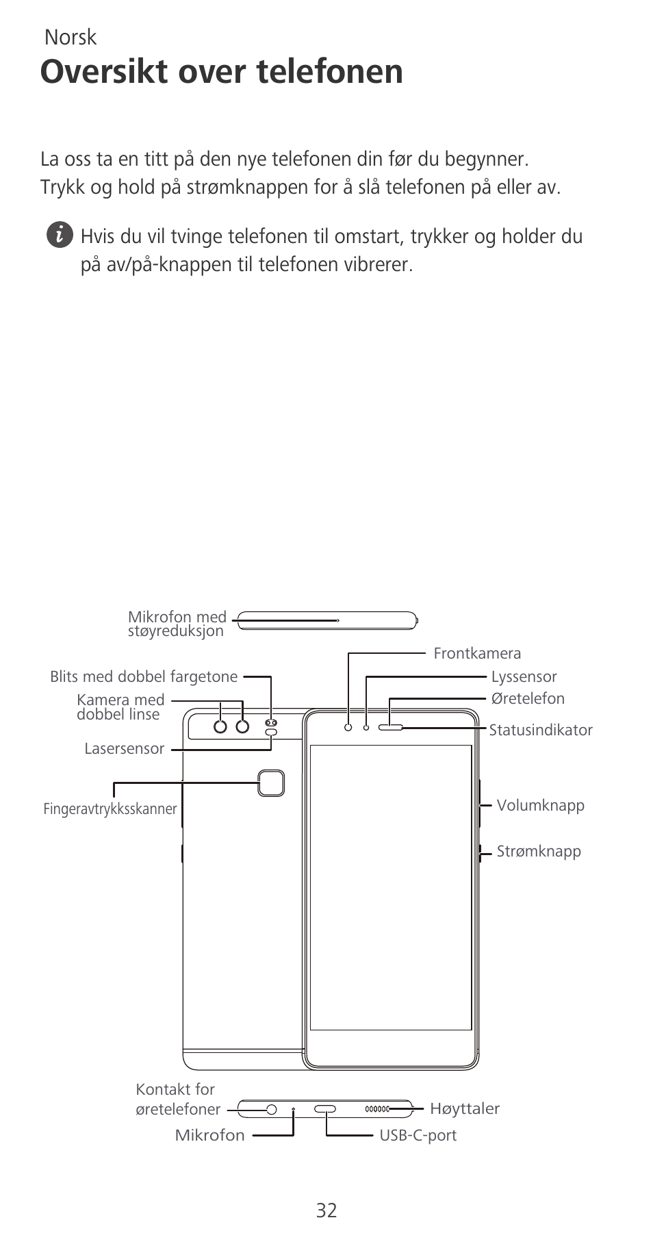 Oversikt over telefonen, Norsk | Huawei P9 User Manual | Page 36 / 198