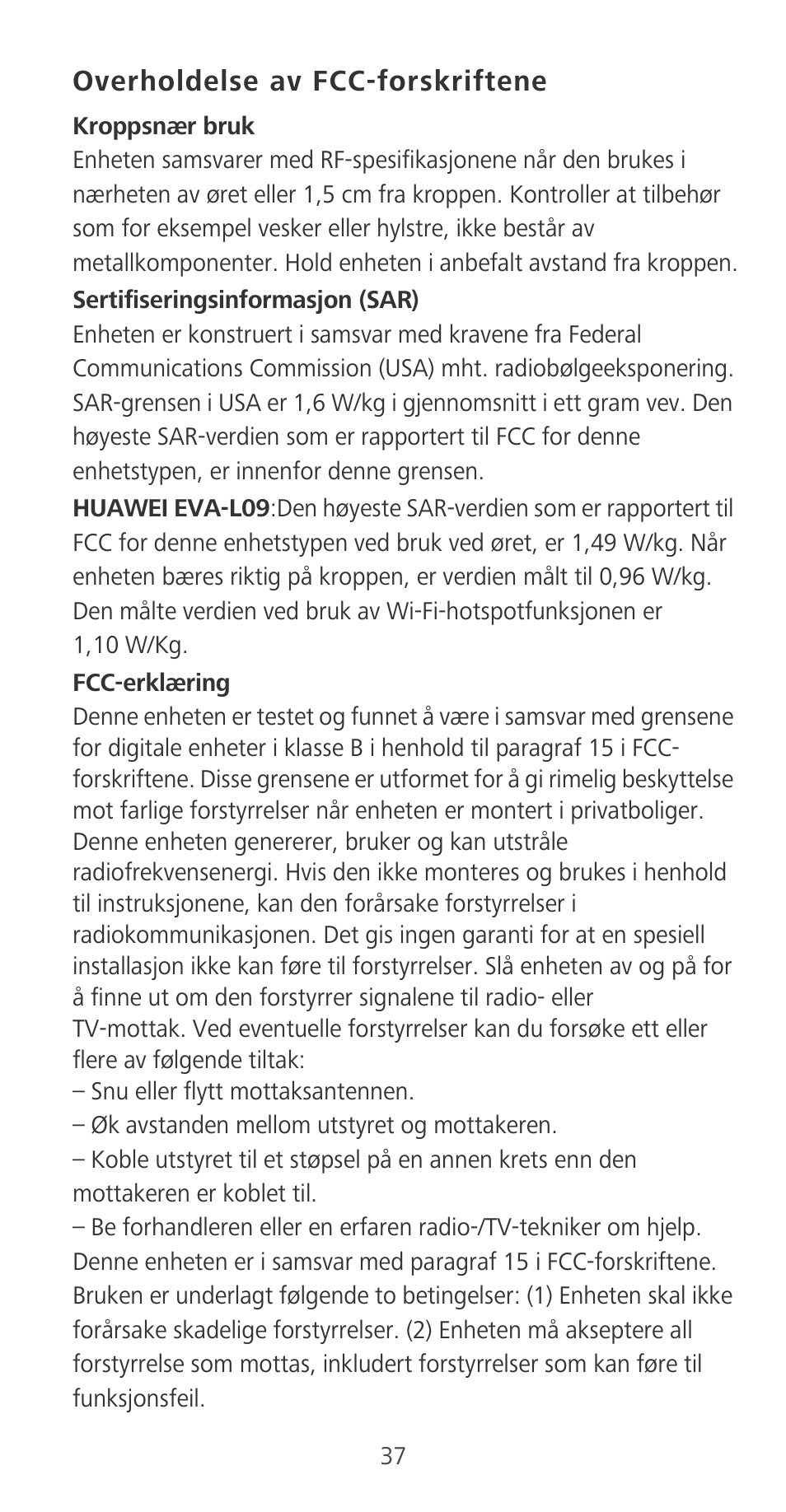 Overholdelse av fcc-forskriftene | Huawei P9 User Manual | Page 41 / 198