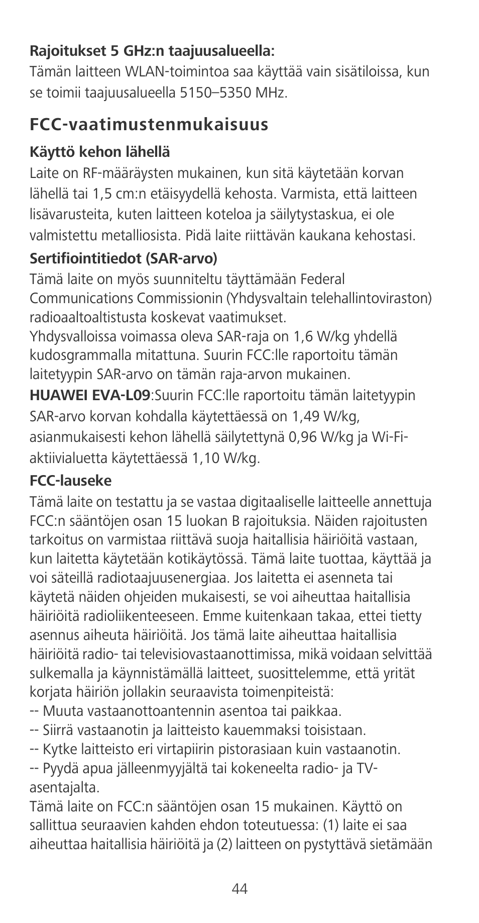 Fcc-vaatimustenmukaisuus | Huawei P9 User Manual | Page 48 / 198