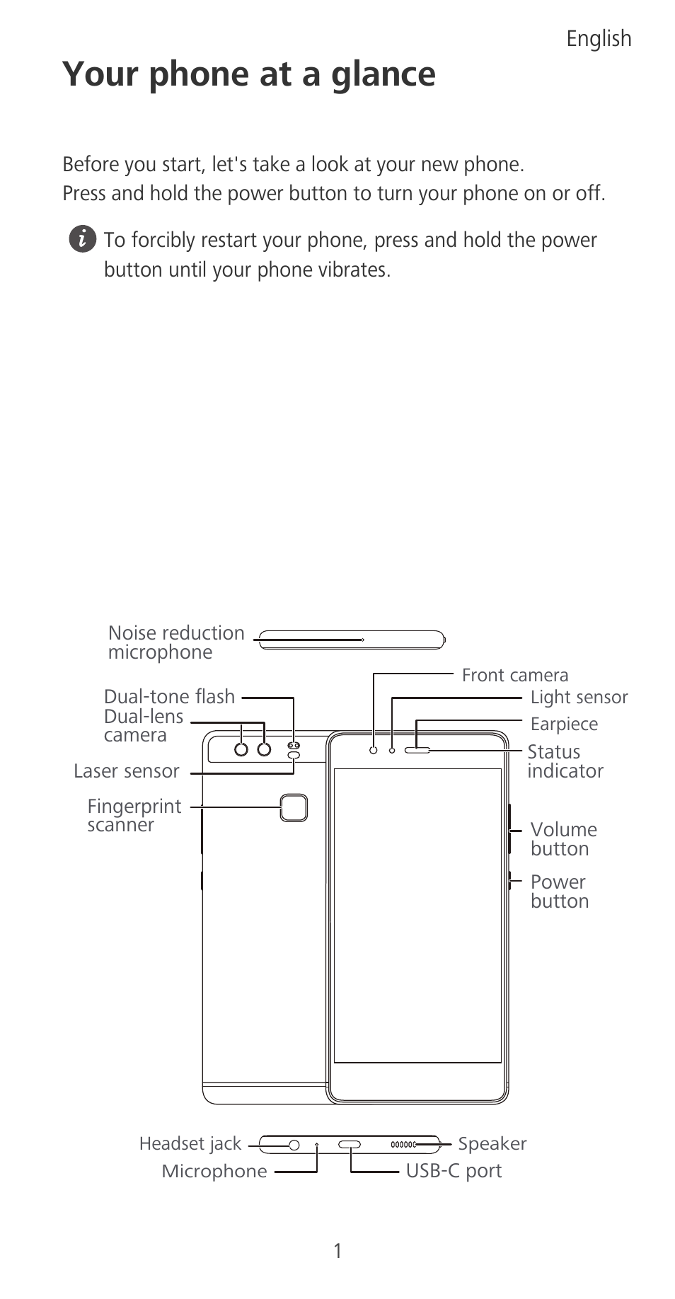 Your phone at a glance, English | Huawei P9 User Manual | Page 5 / 198